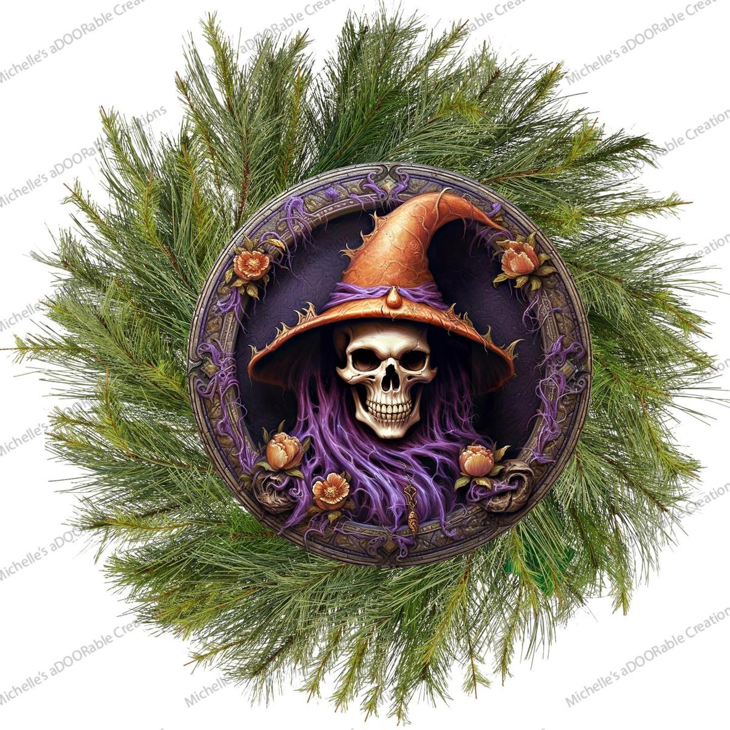 Purple Witch Portrait Skeleton Sign