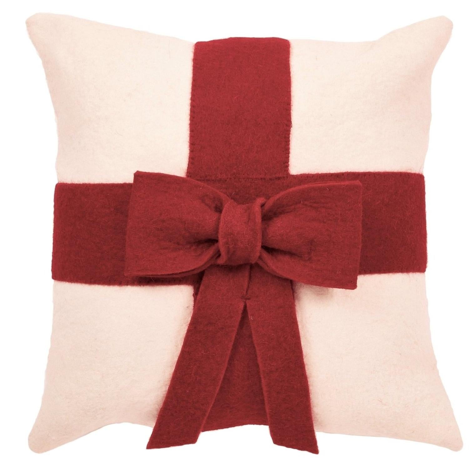Red Bow Cream - Christmas Pillow Cover Hand Felted Wool - 20" / 14" Arcadia Home
