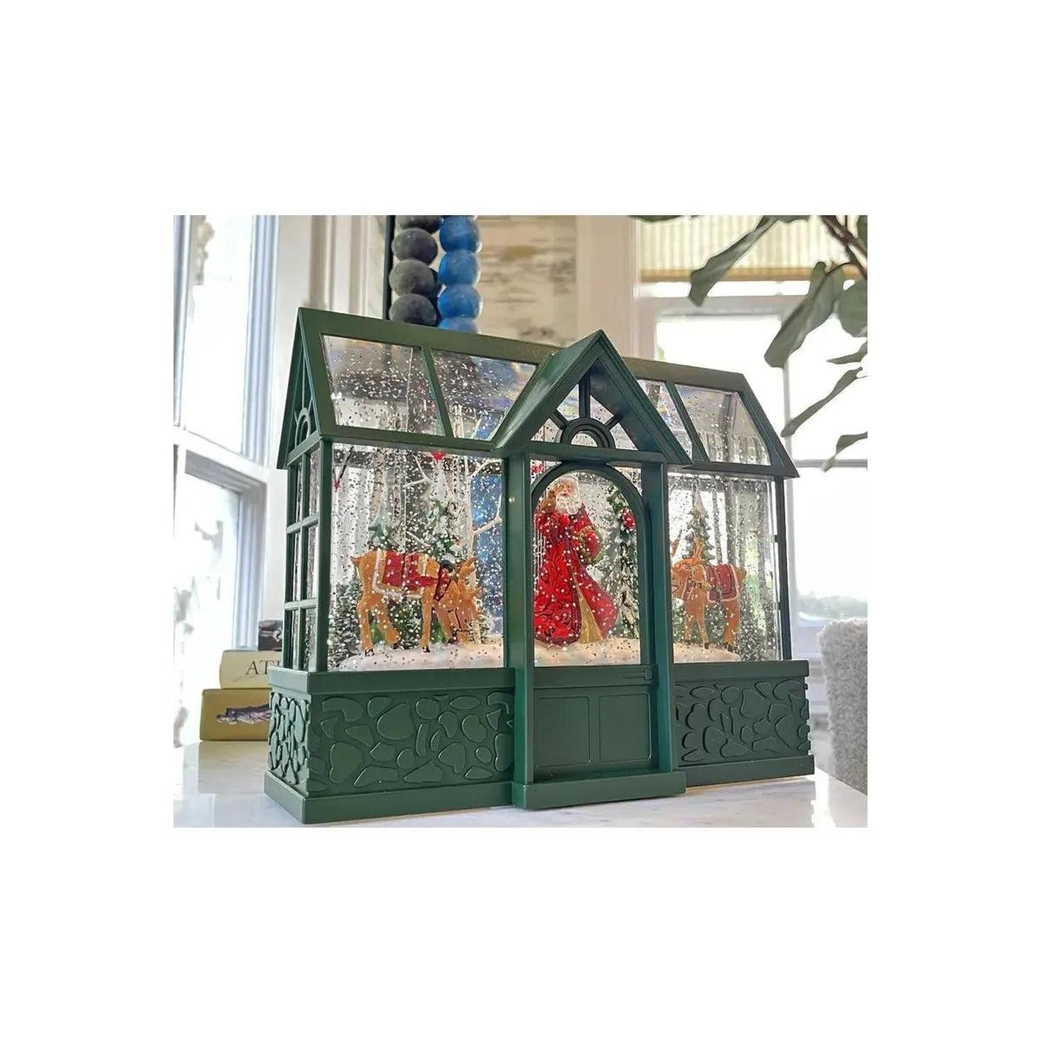 Santa With Reindeer Lighted Water Greenhouse Lantern