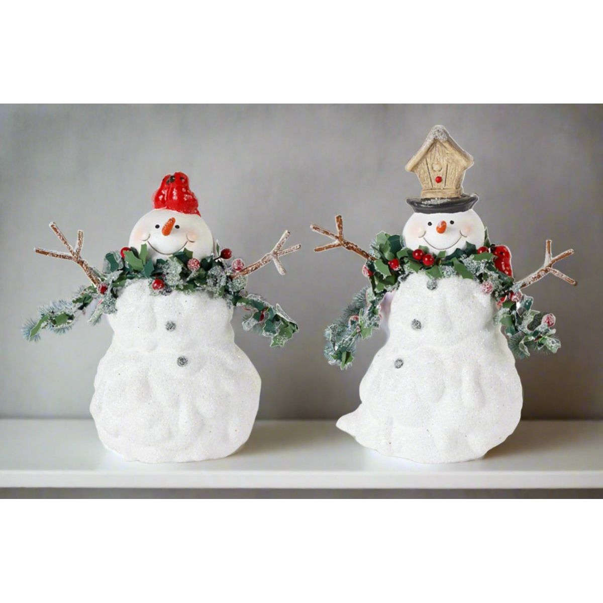 Shop For Terra Cotta Melted Snowman Family with Bird and Pine Accents (Set of 2) at Michelle's aDOORable Creations