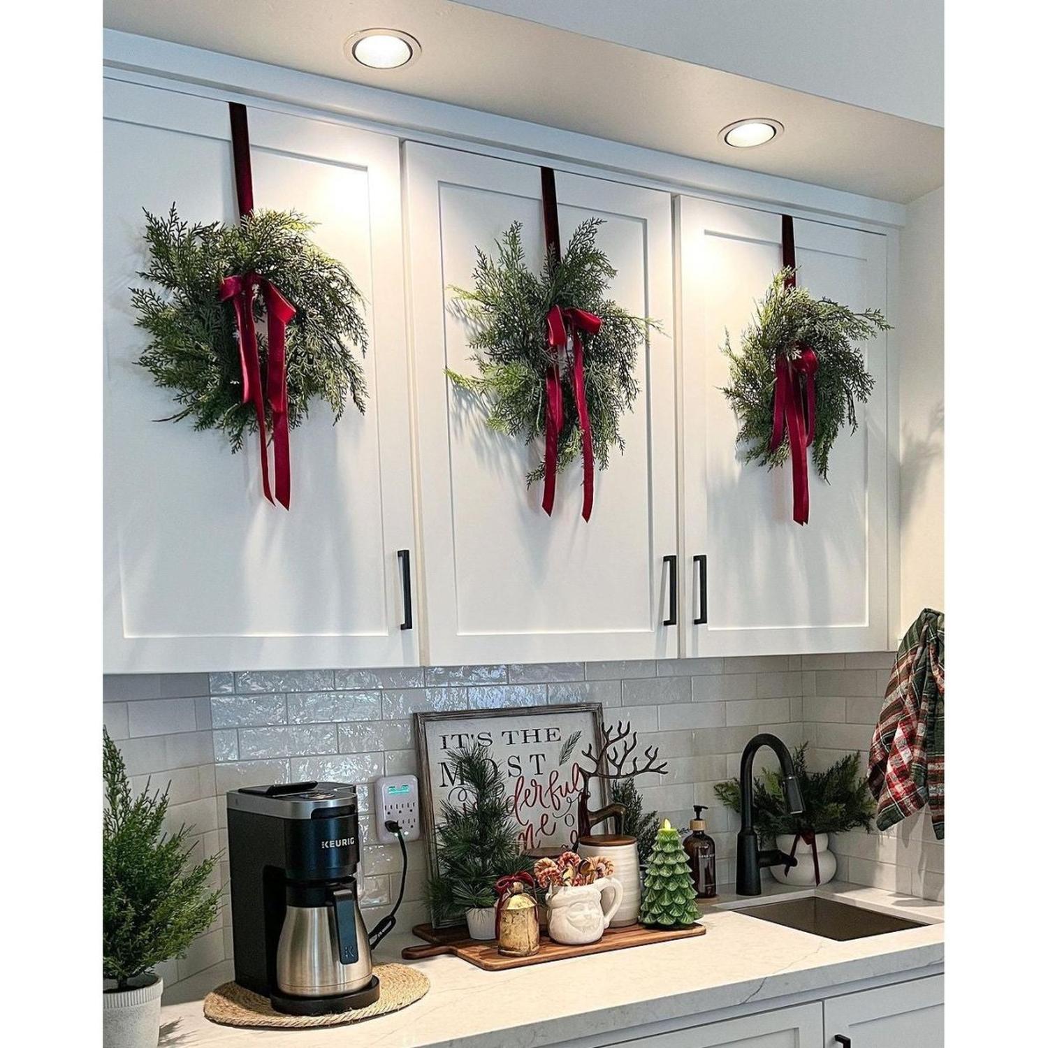 Traditional Red Mini Cedar Cabinet Wreaths with Ribbon