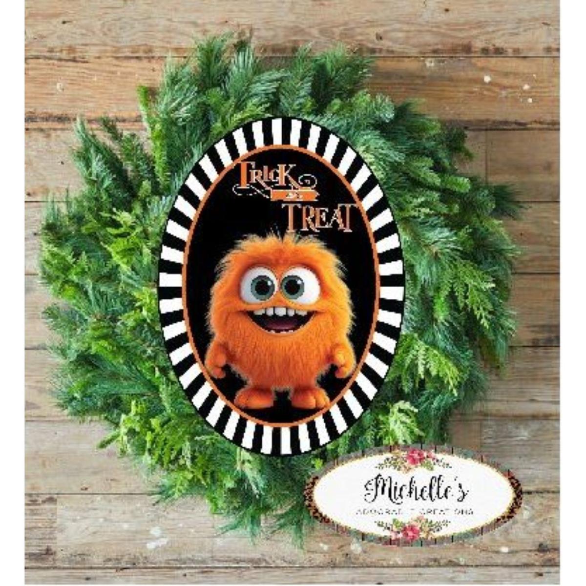 Shop For Trick or Treat Orange Furry Monster Sign at Michelle's aDOORable Creations