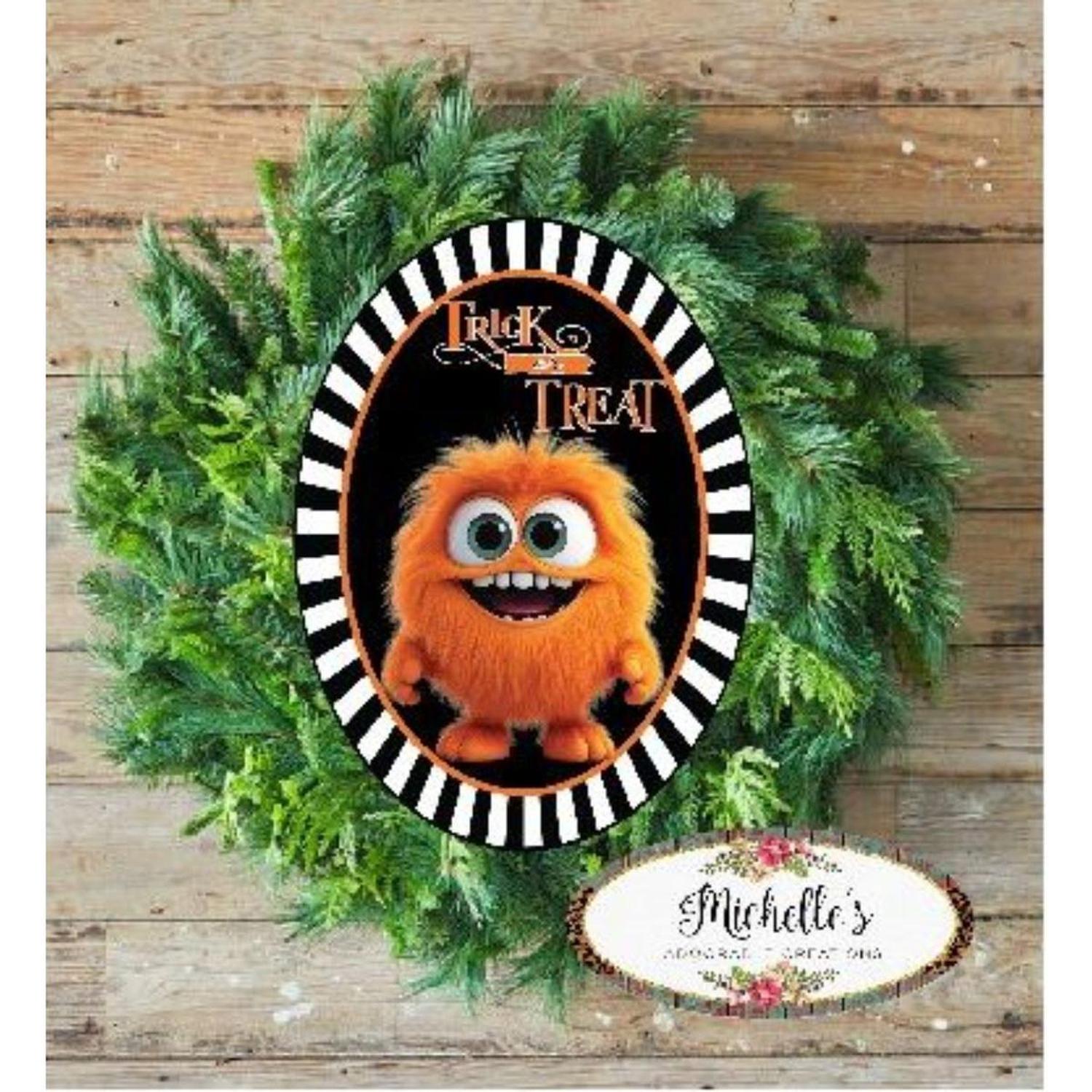 Shop For Trick or Treat Orange Furry Monster Sign at Michelle's aDOORable Creations