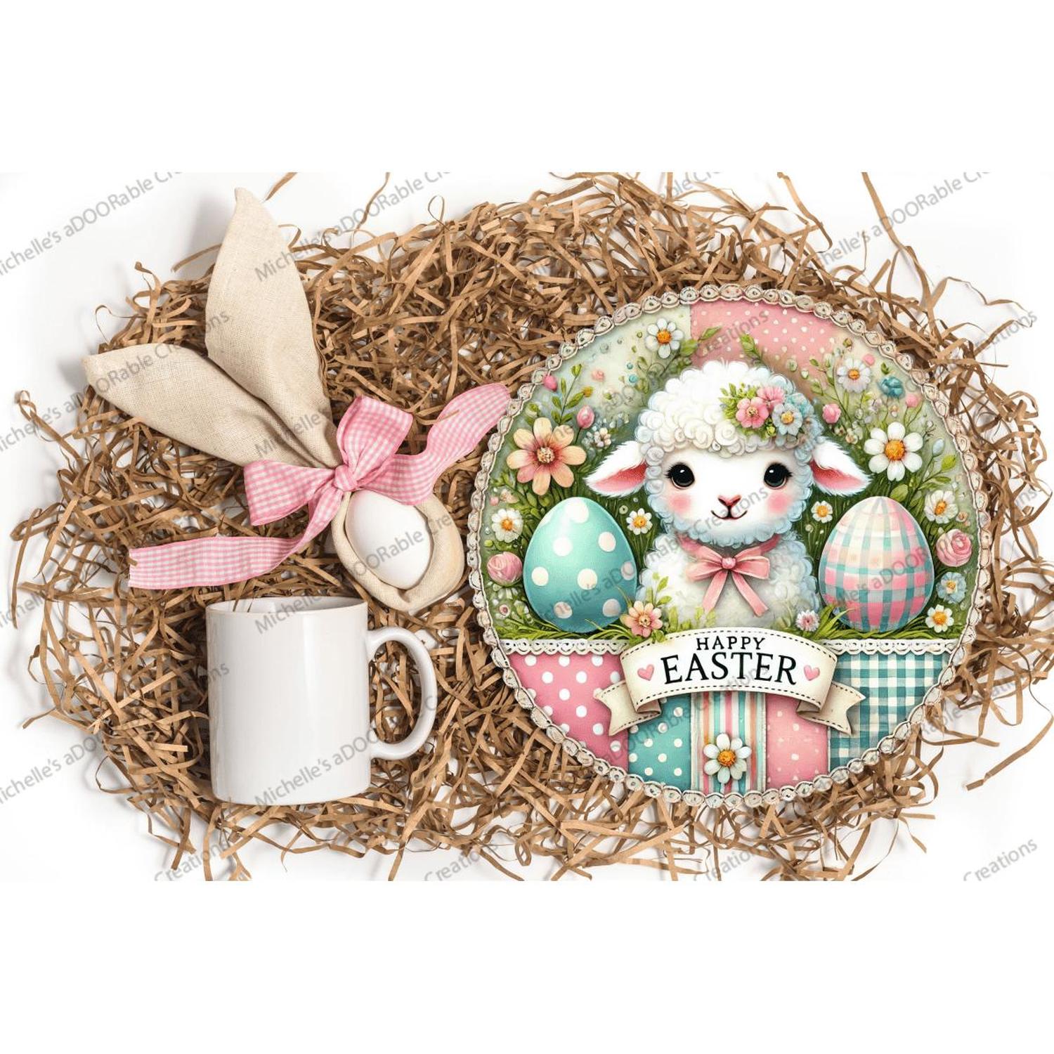 Vintage Happy Easter Lamb Round Sign