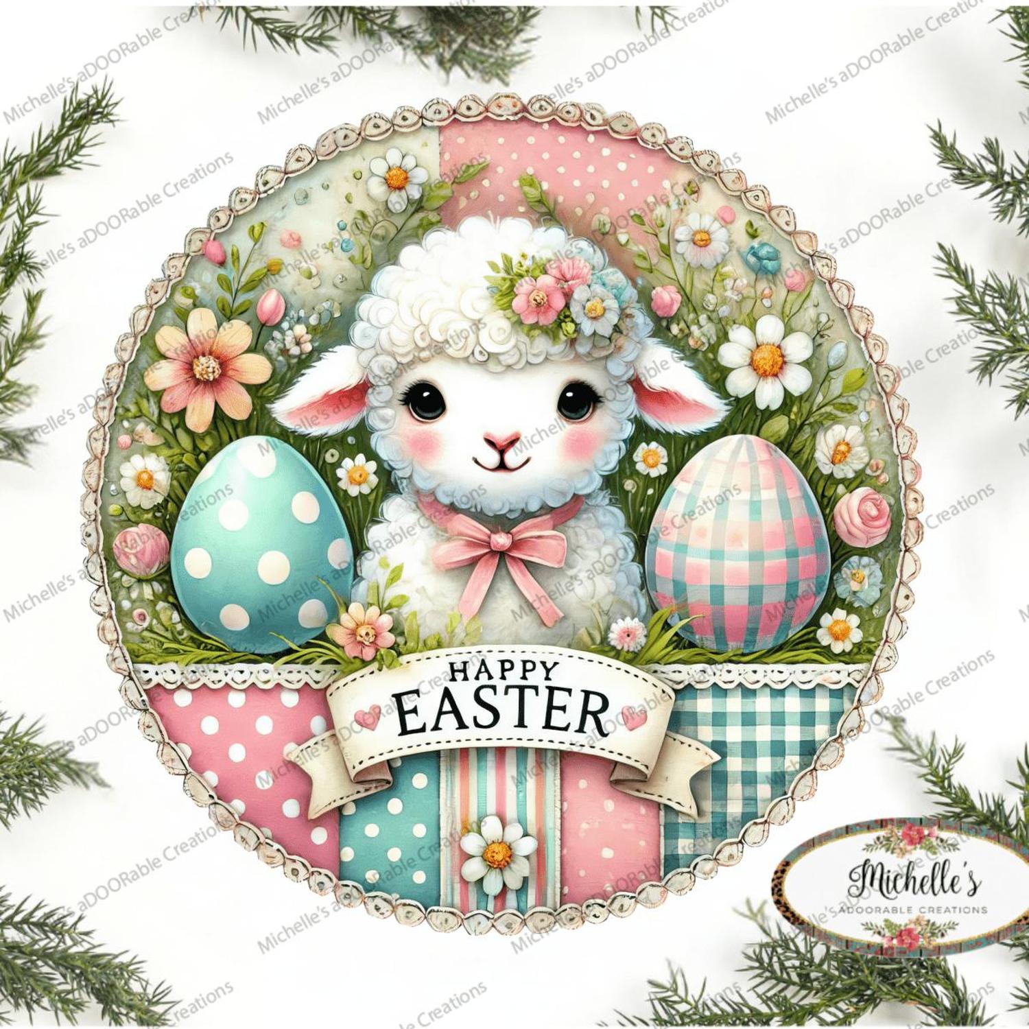 Vintage Happy Easter Lamb Round Sign