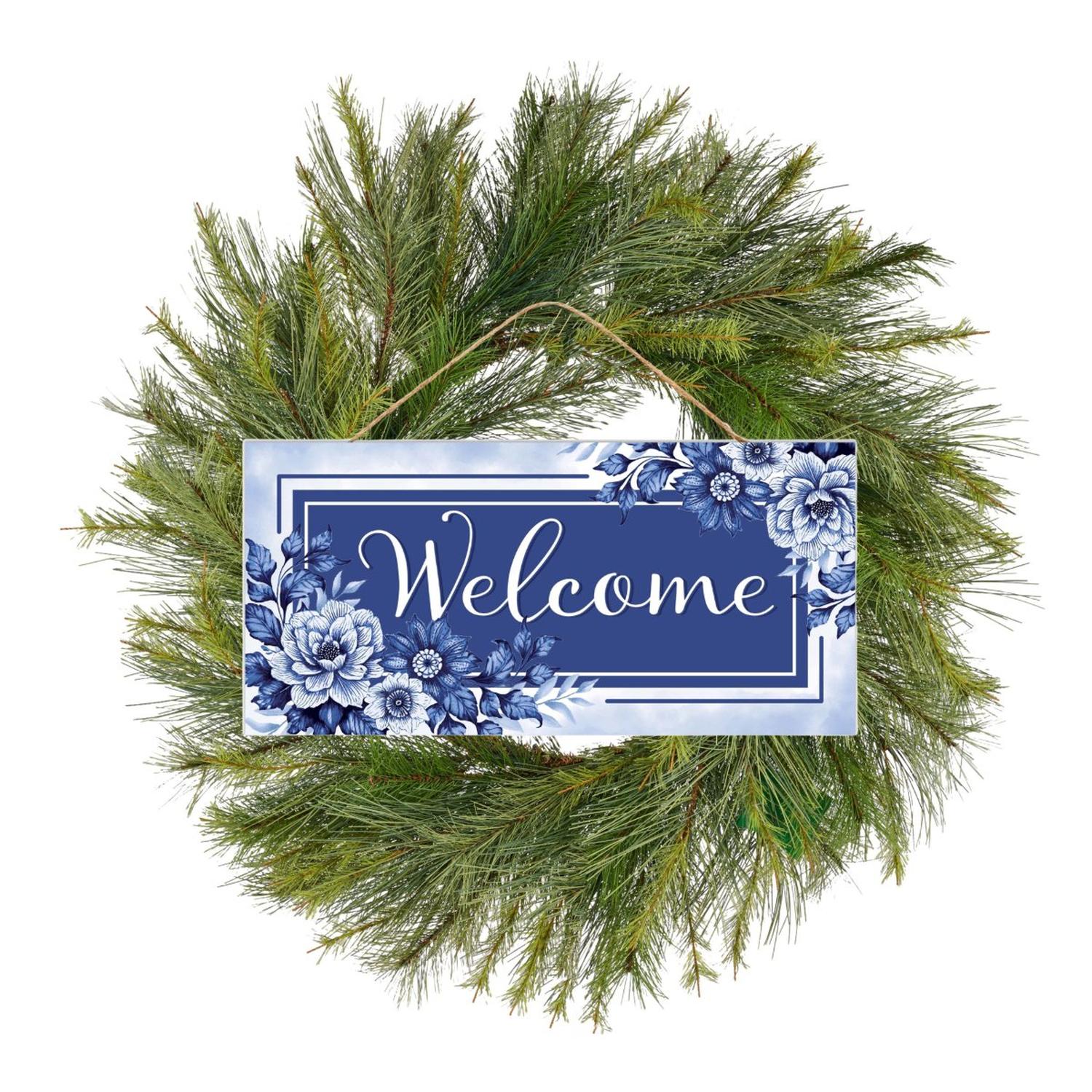 12" Welcome Blue Floral MDF Wood Sign