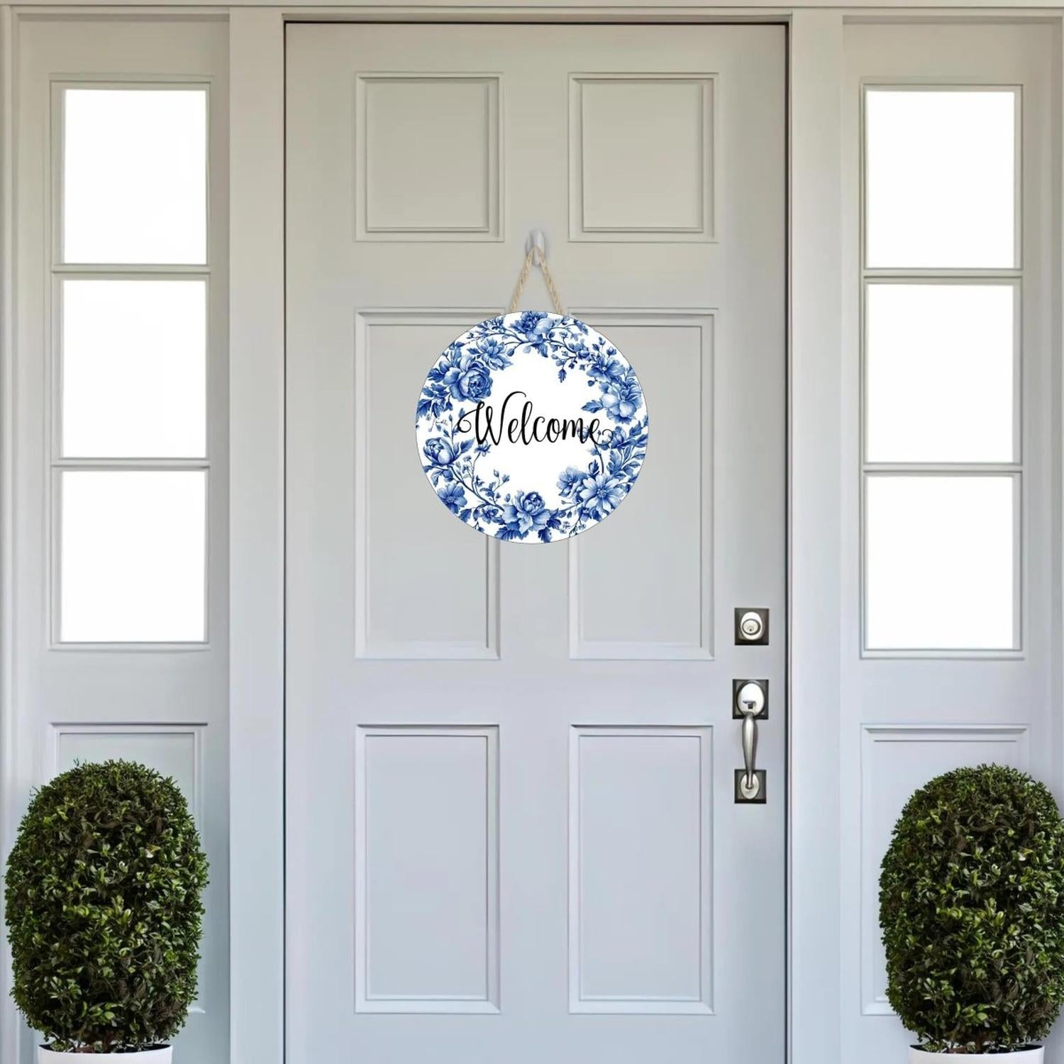 Welcome Blue Floral Round Sign