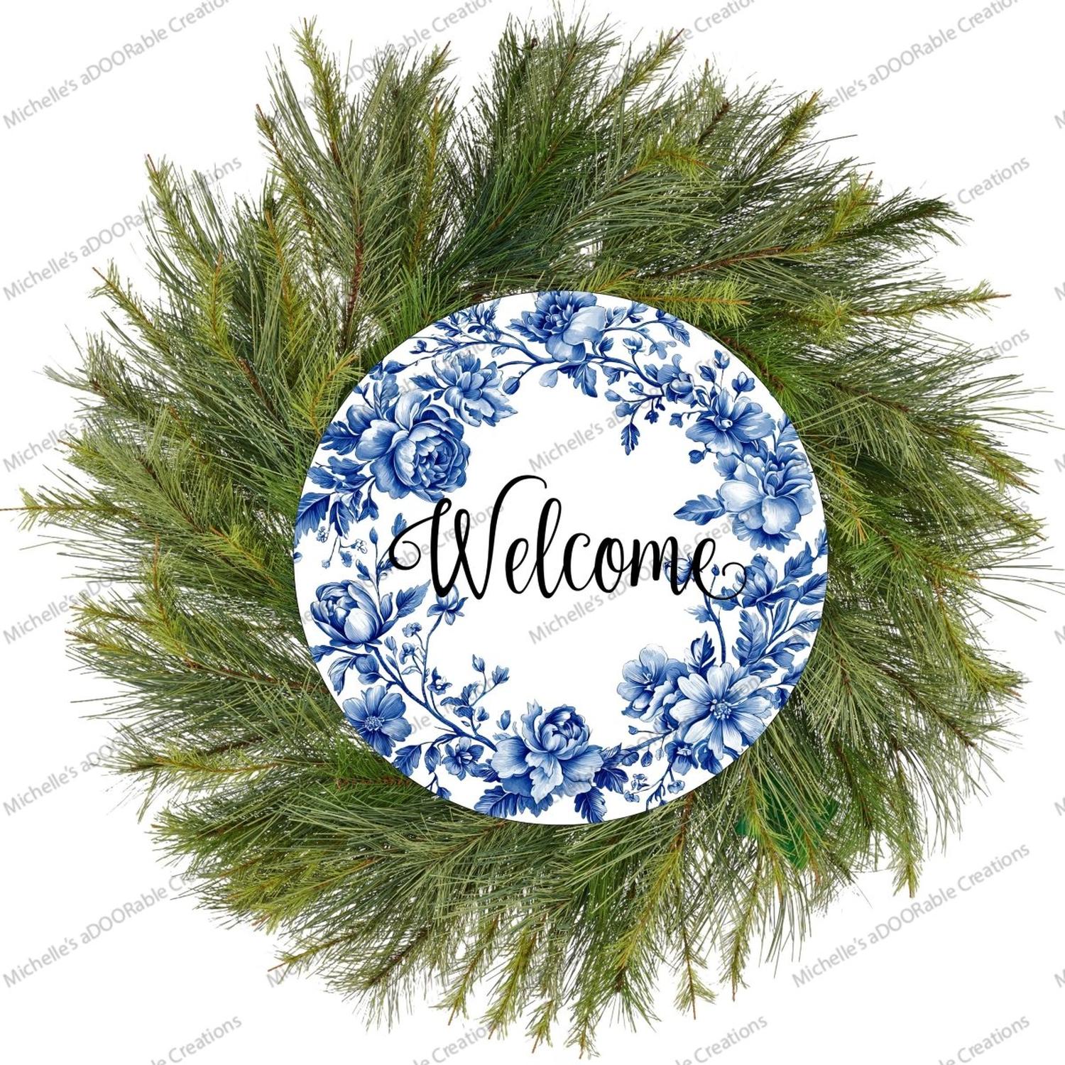 Welcome Blue Floral Round Sign