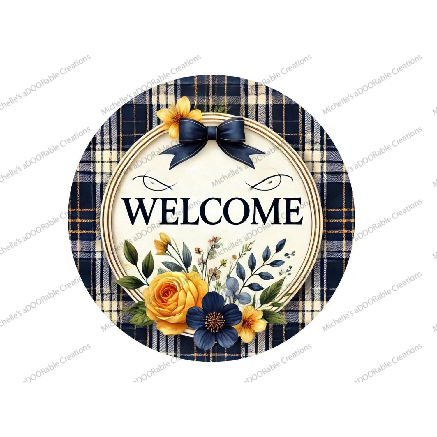 Welcome Blue Plaid Metal Sign