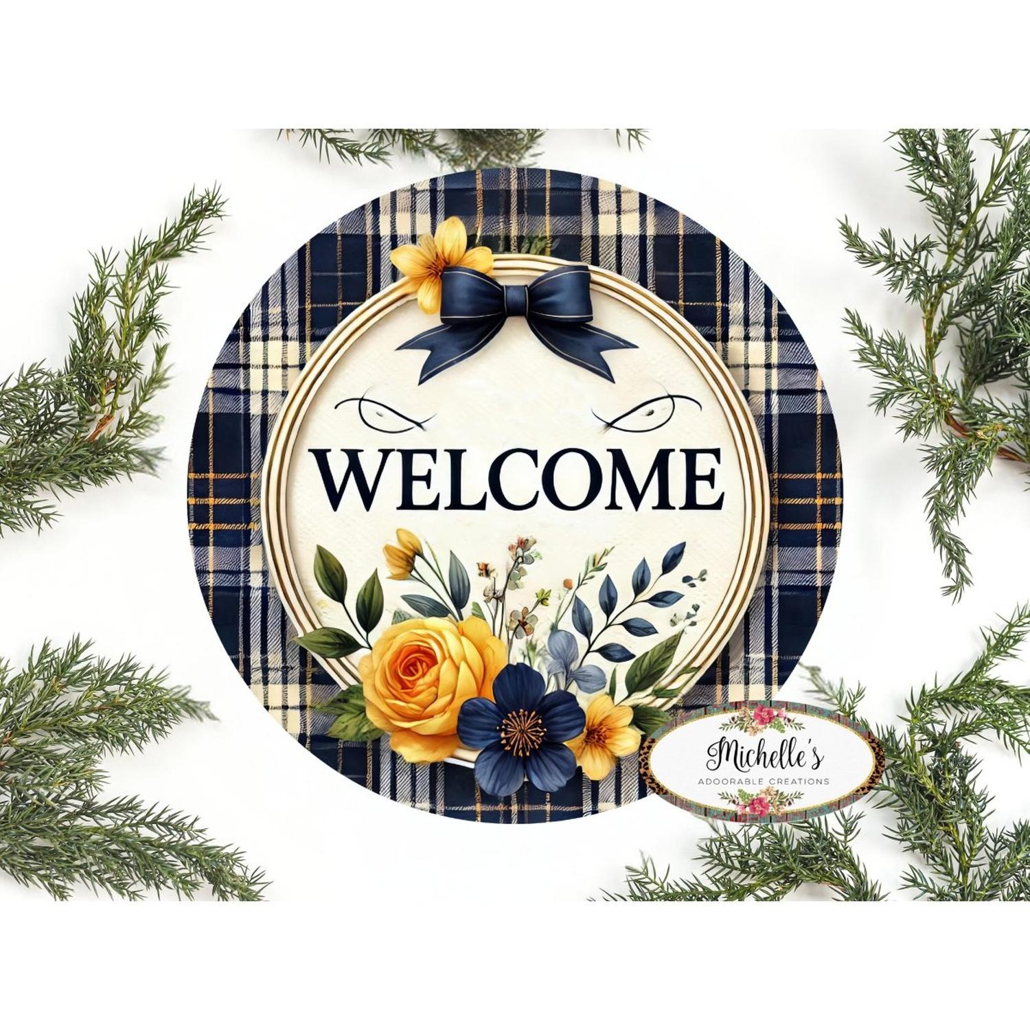 Welcome Blue Plaid Metal Sign