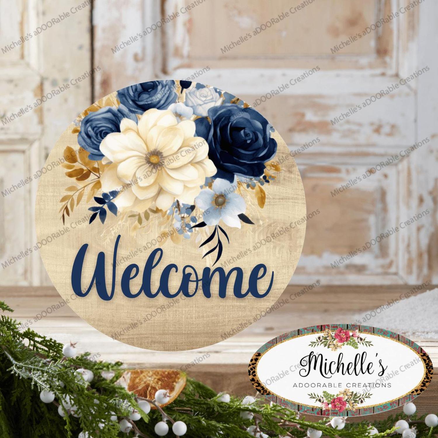 Welcome Blue Watercolor Floral Round Sign