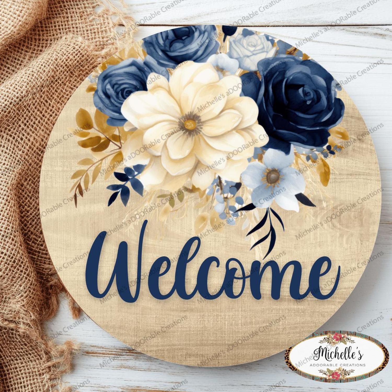 Shop For Welcome Blue Watercolor Floral Round Sign