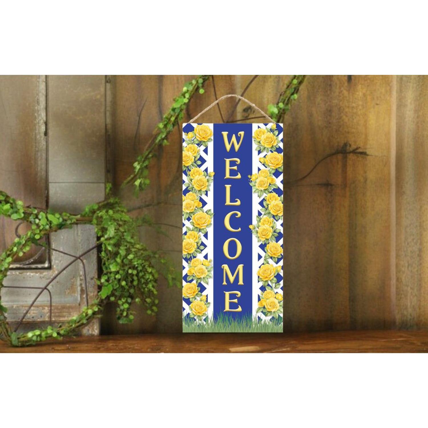 Shop For Welcome Blue Yellow Trellis Rose Sign