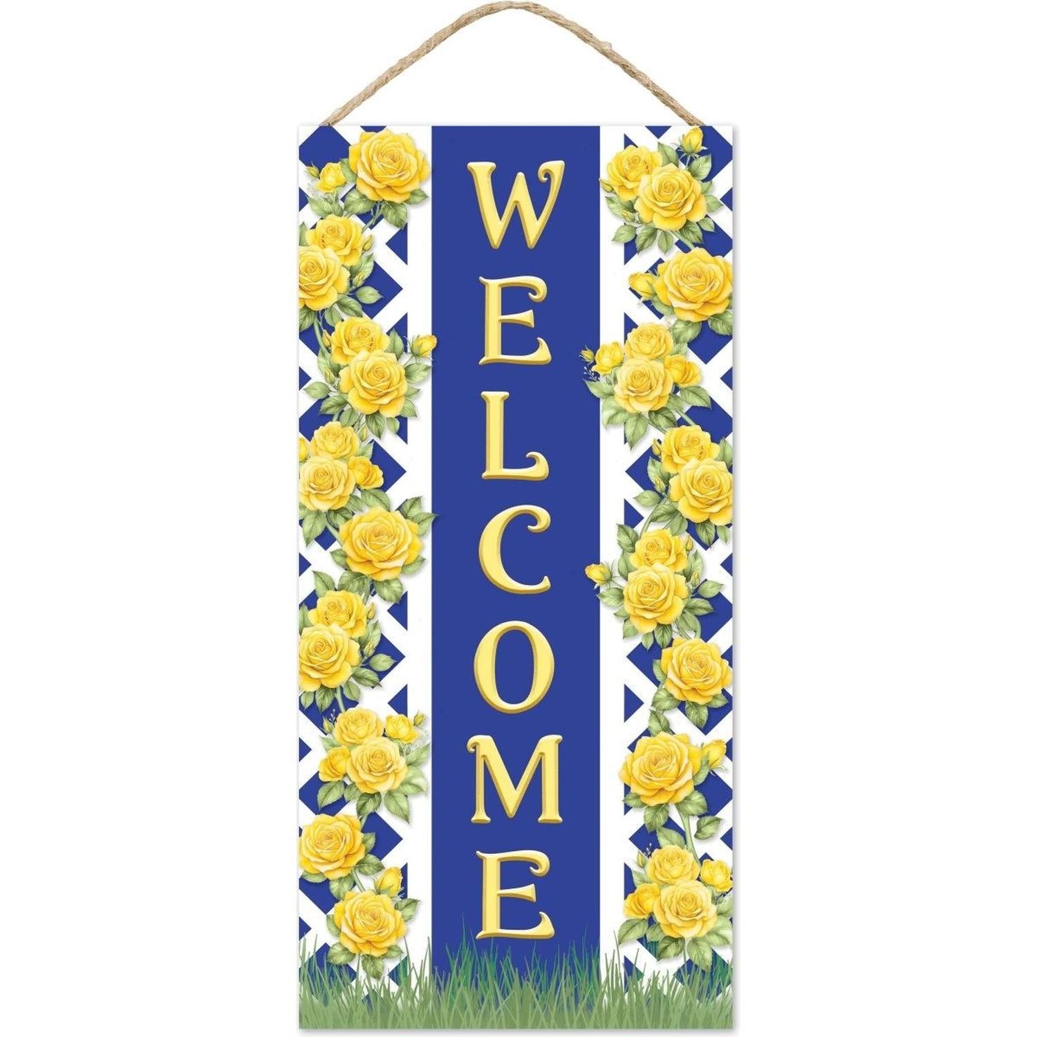 12" Welcome Blue Yellow Trellis Rose Sign