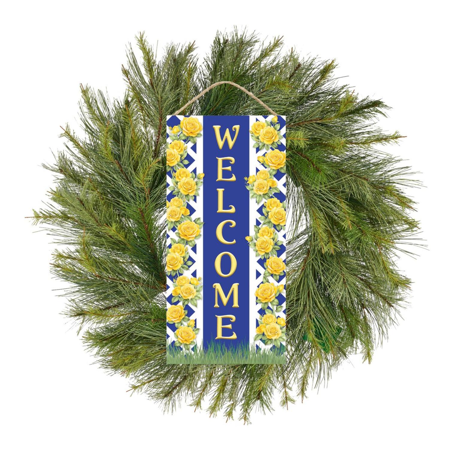 Shop For Welcome Blue Yellow Trellis Rose Sign