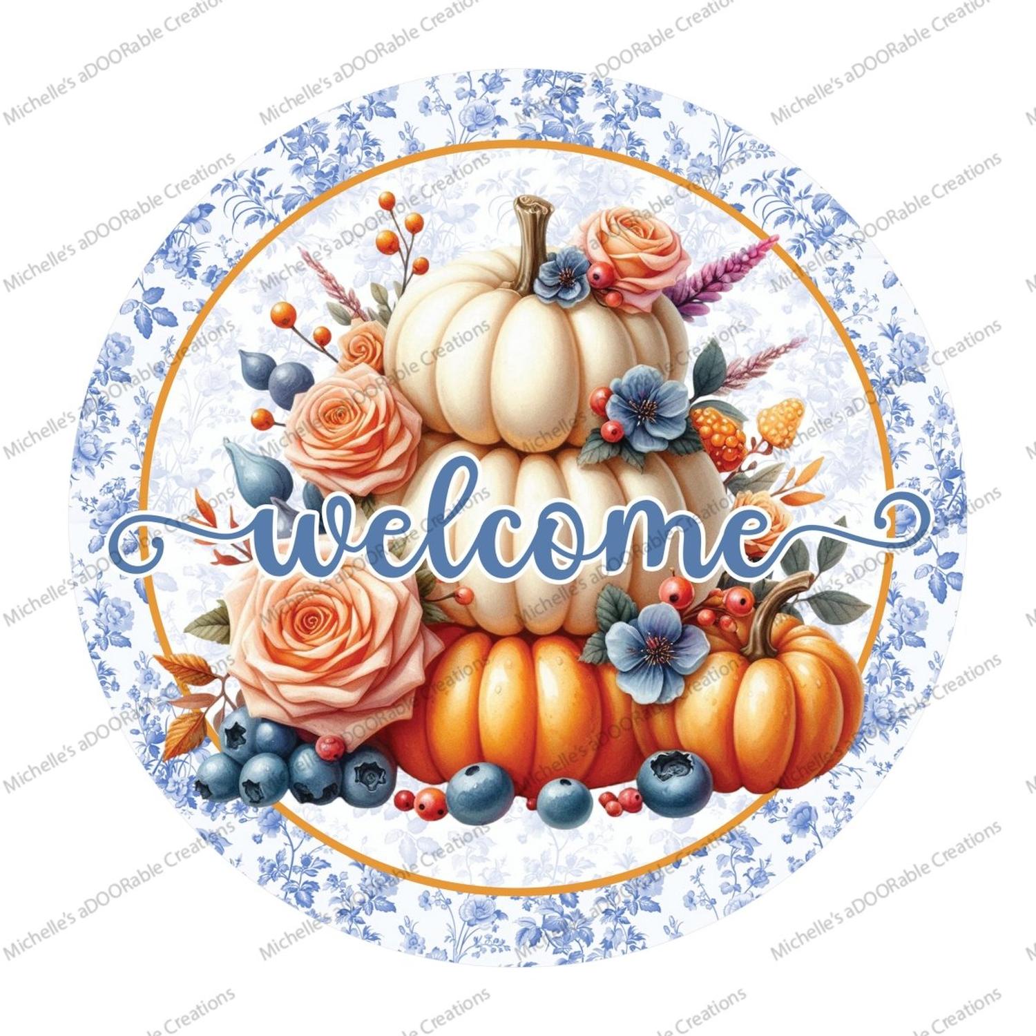 Welcome Fall Triple Pumpkins Round Sign