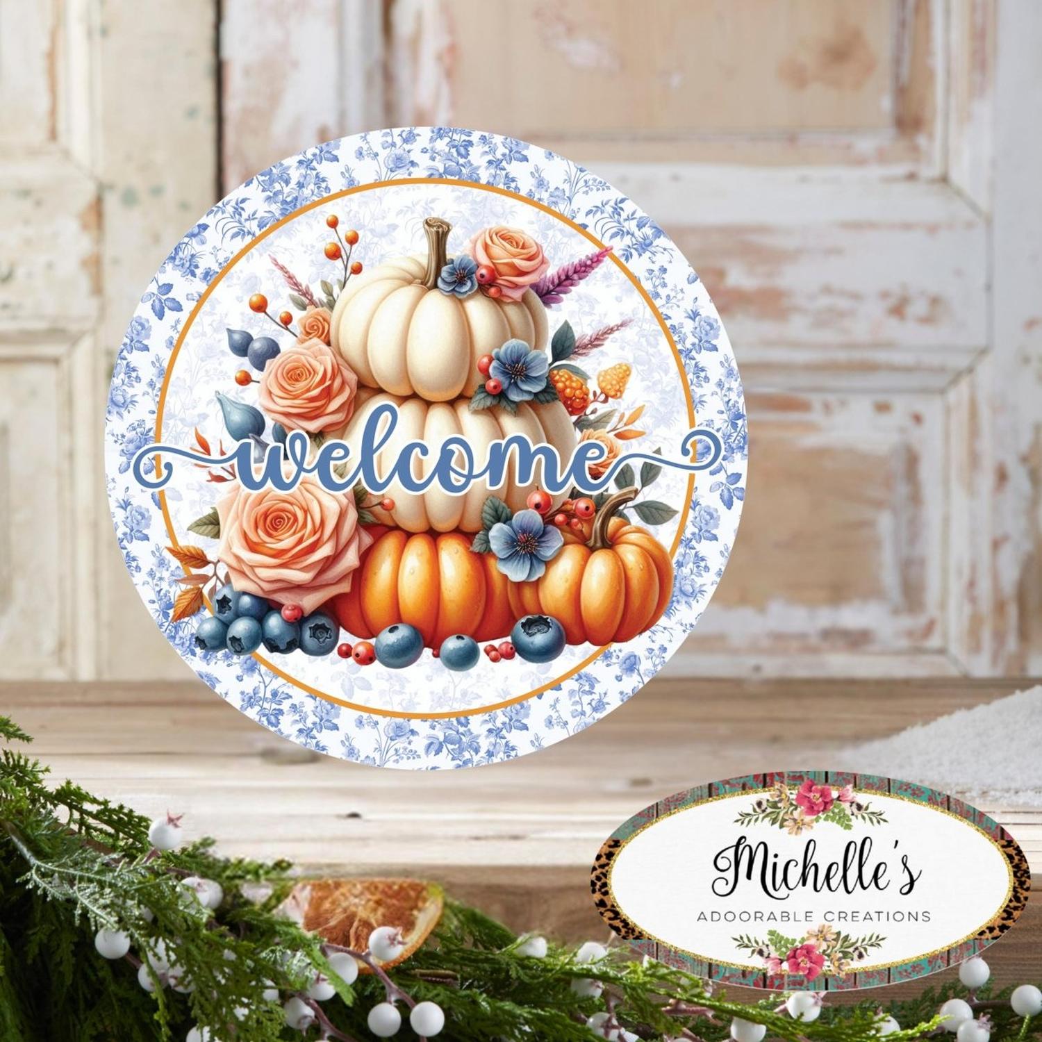 Welcome Fall Triple Pumpkins Round Sign