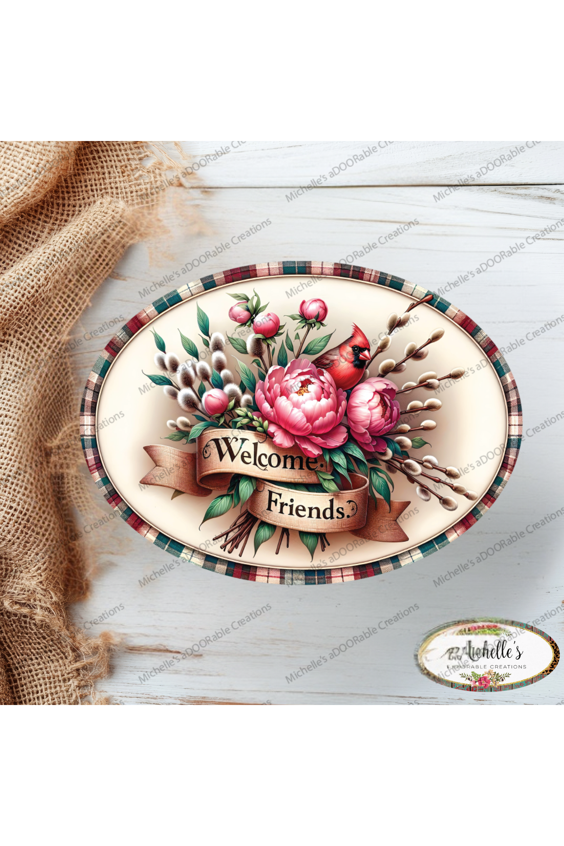 Shop For Welcome Friends Cardinal Peonies Oval Sign