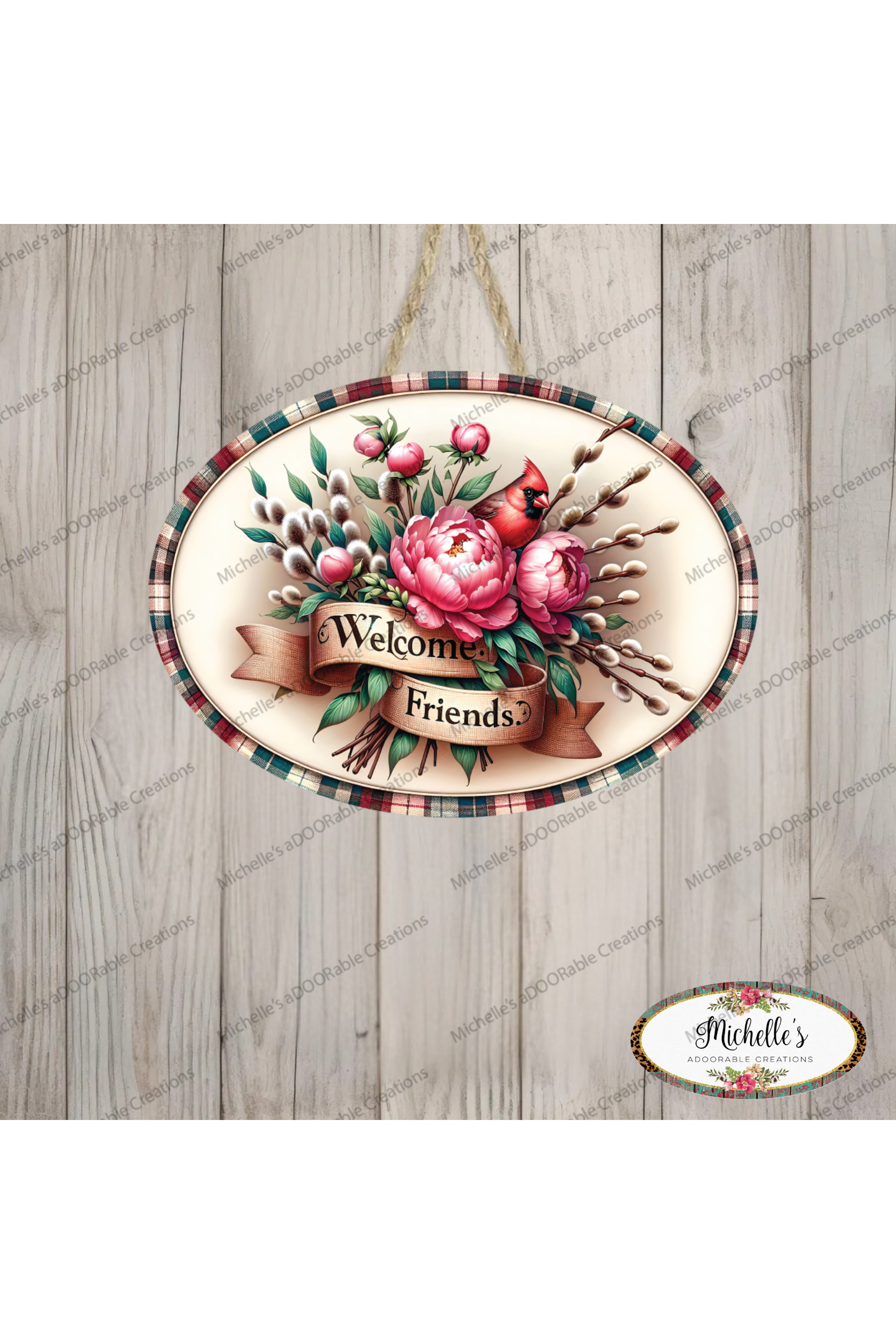 Shop For Welcome Friends Cardinal Peonies Oval Sign