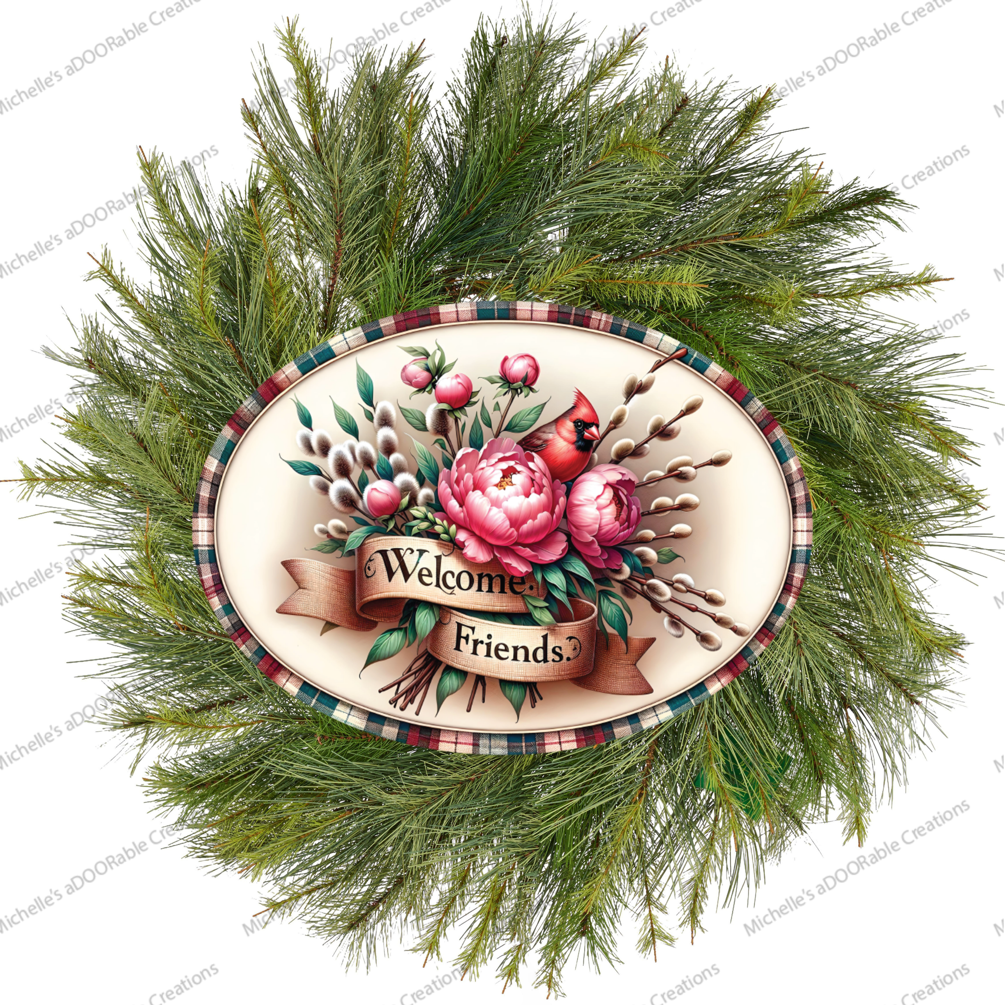 Shop For Welcome Friends Cardinal Peonies Oval Sign