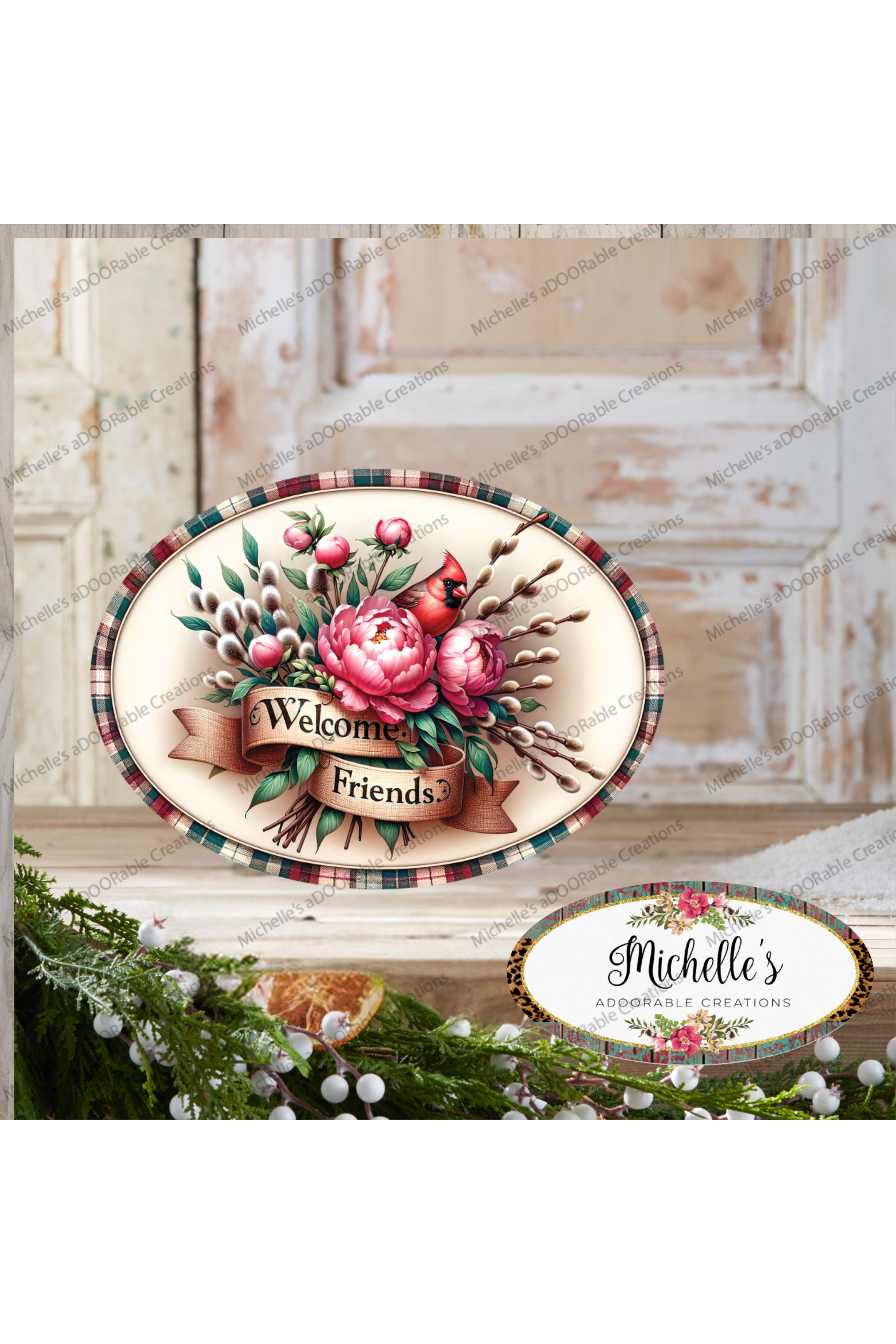 Shop For Welcome Friends Cardinal Peonies Oval Sign