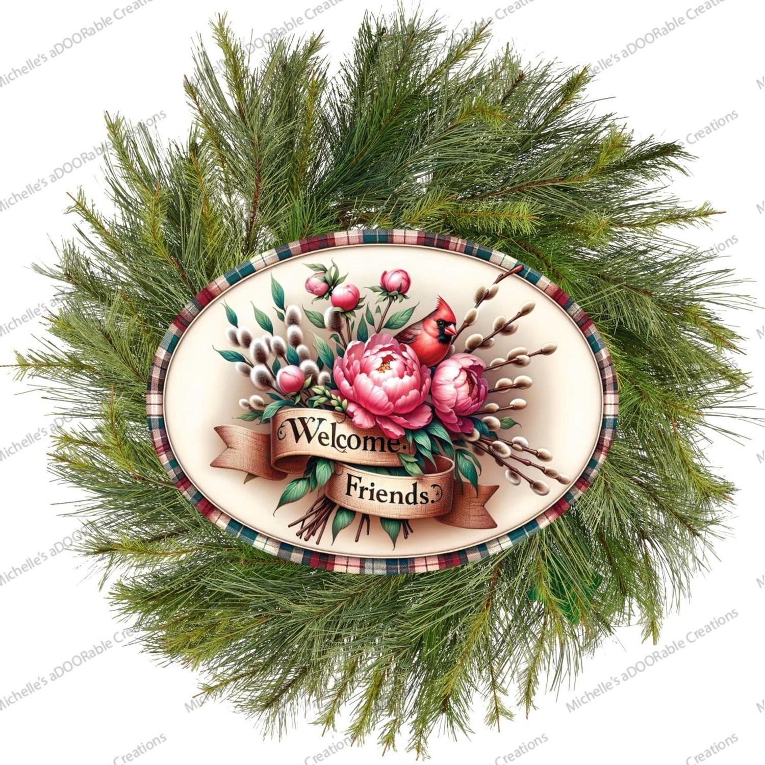 Welcome Friends Cardinal Peonies Oval Sign