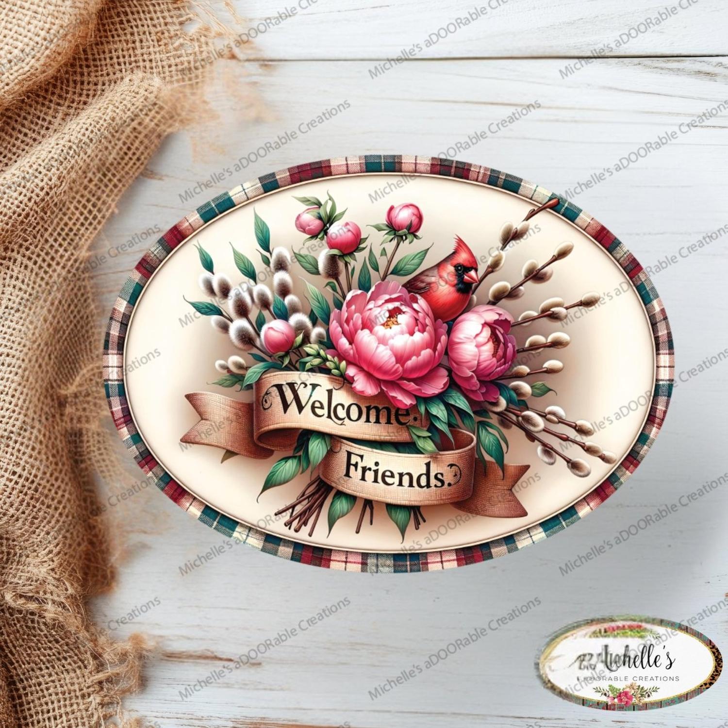 Welcome Friends Cardinal Peonies Oval Sign