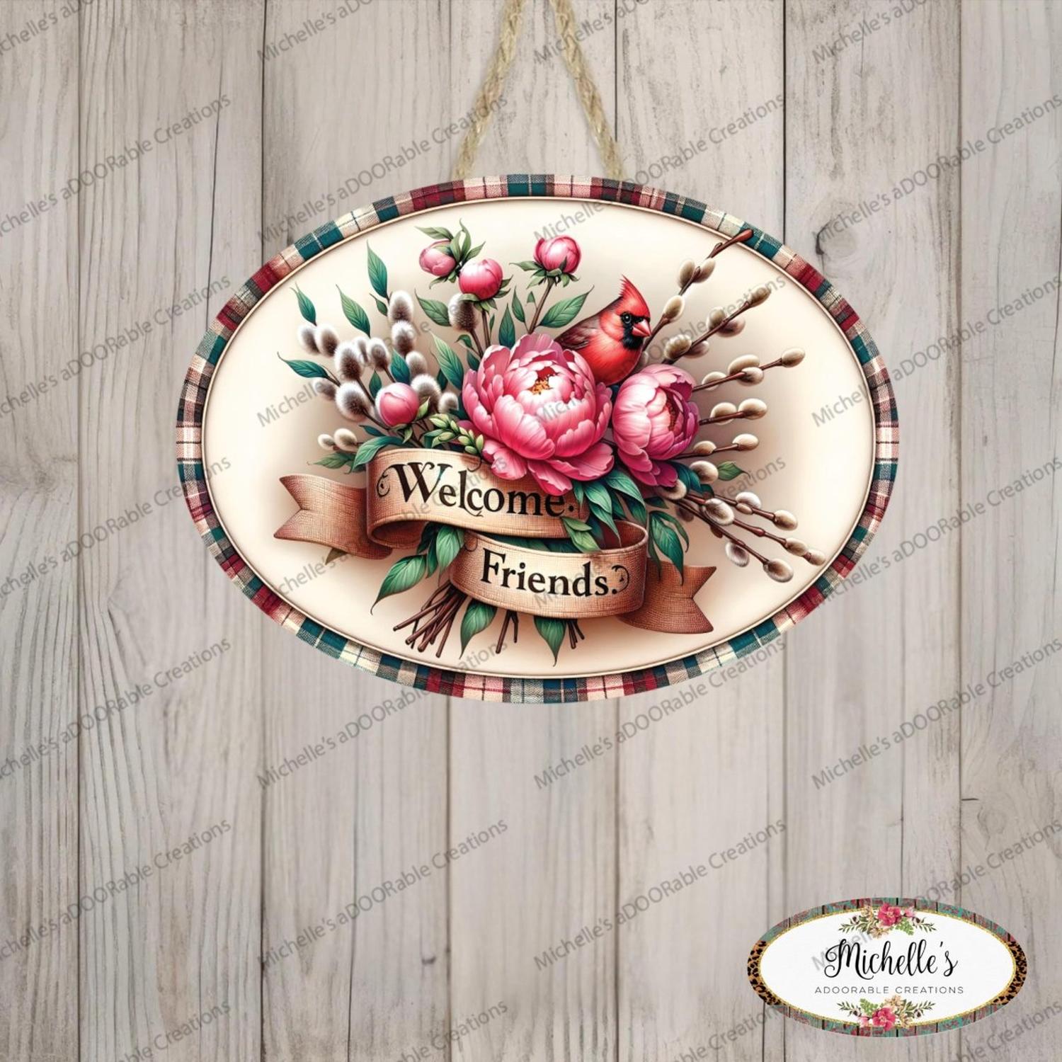 Welcome Friends Cardinal Peonies Oval Sign