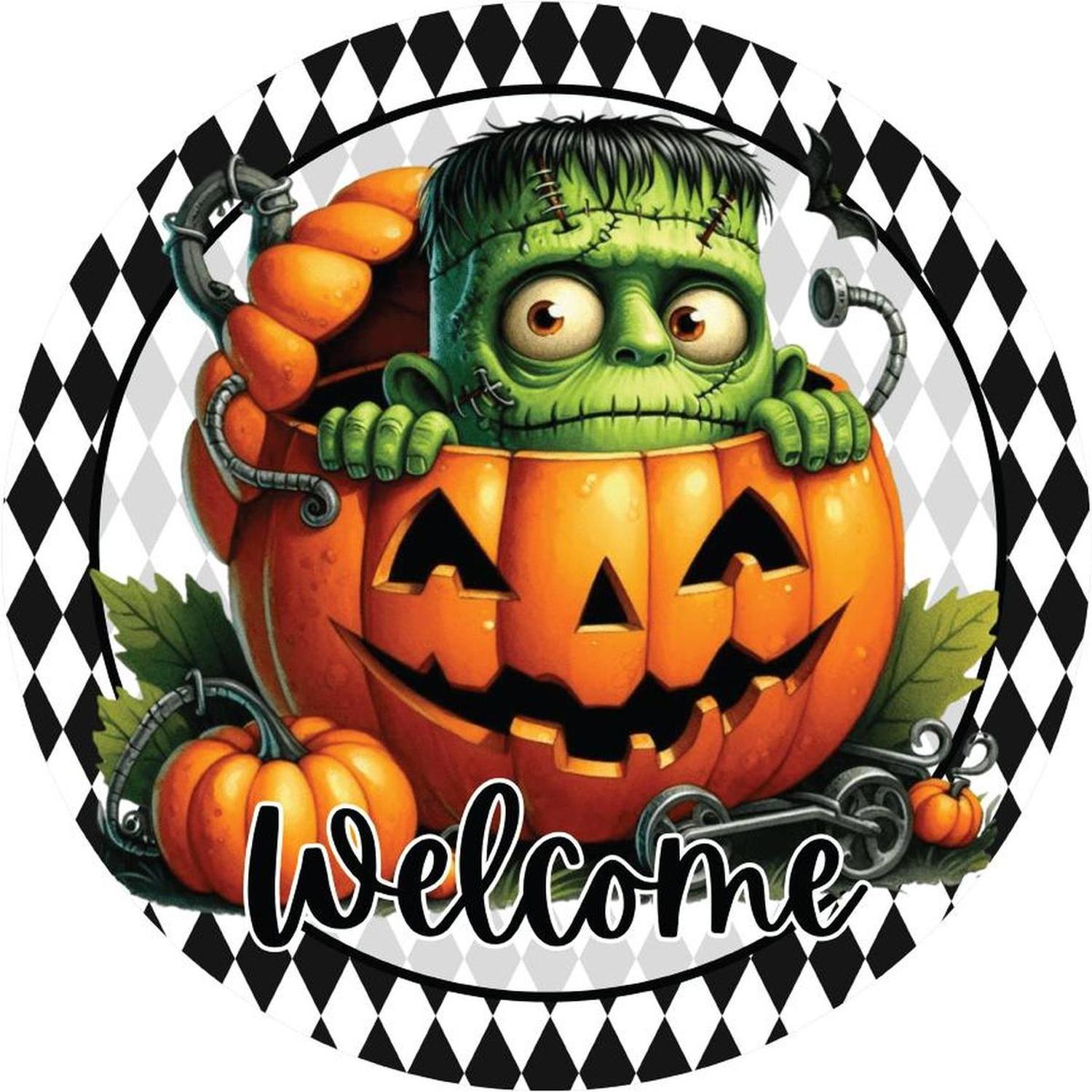 Welcome Halloween Frankenstein Pumpkin Sign