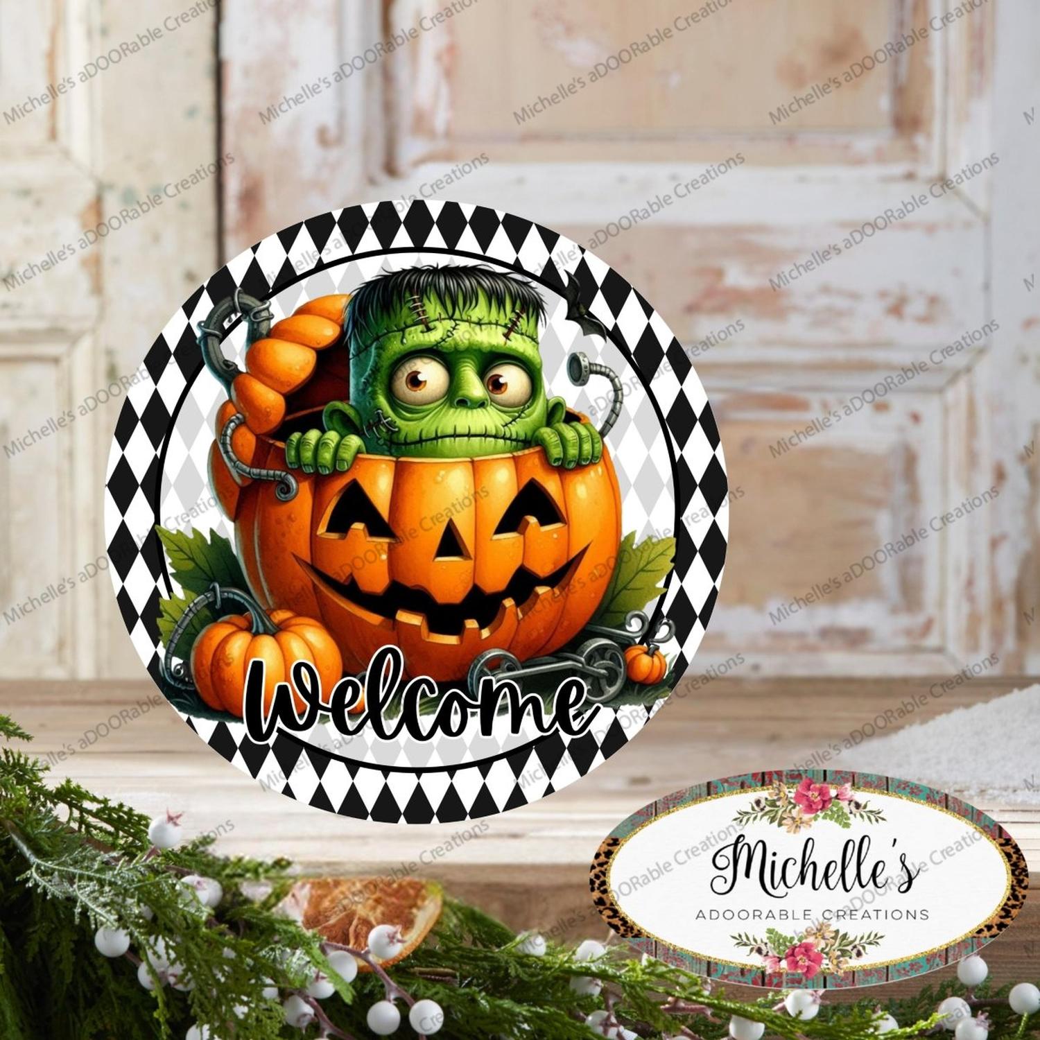 Welcome Halloween Frankenstein Pumpkin Sign