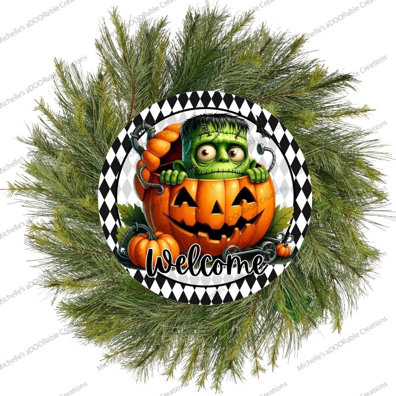 Welcome Halloween Frankenstein Pumpkin Sign