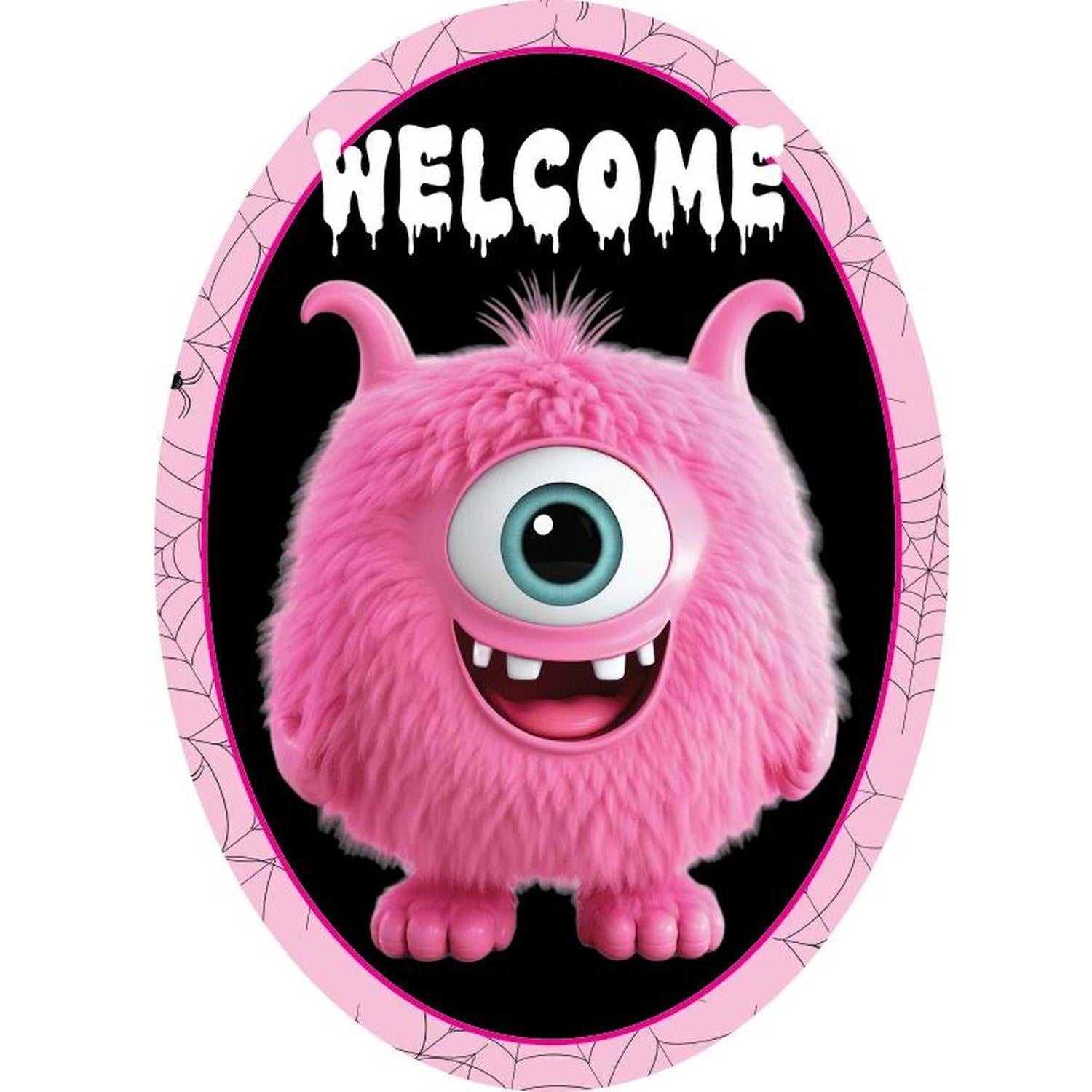 Welcome Pink Furry Monster Sign