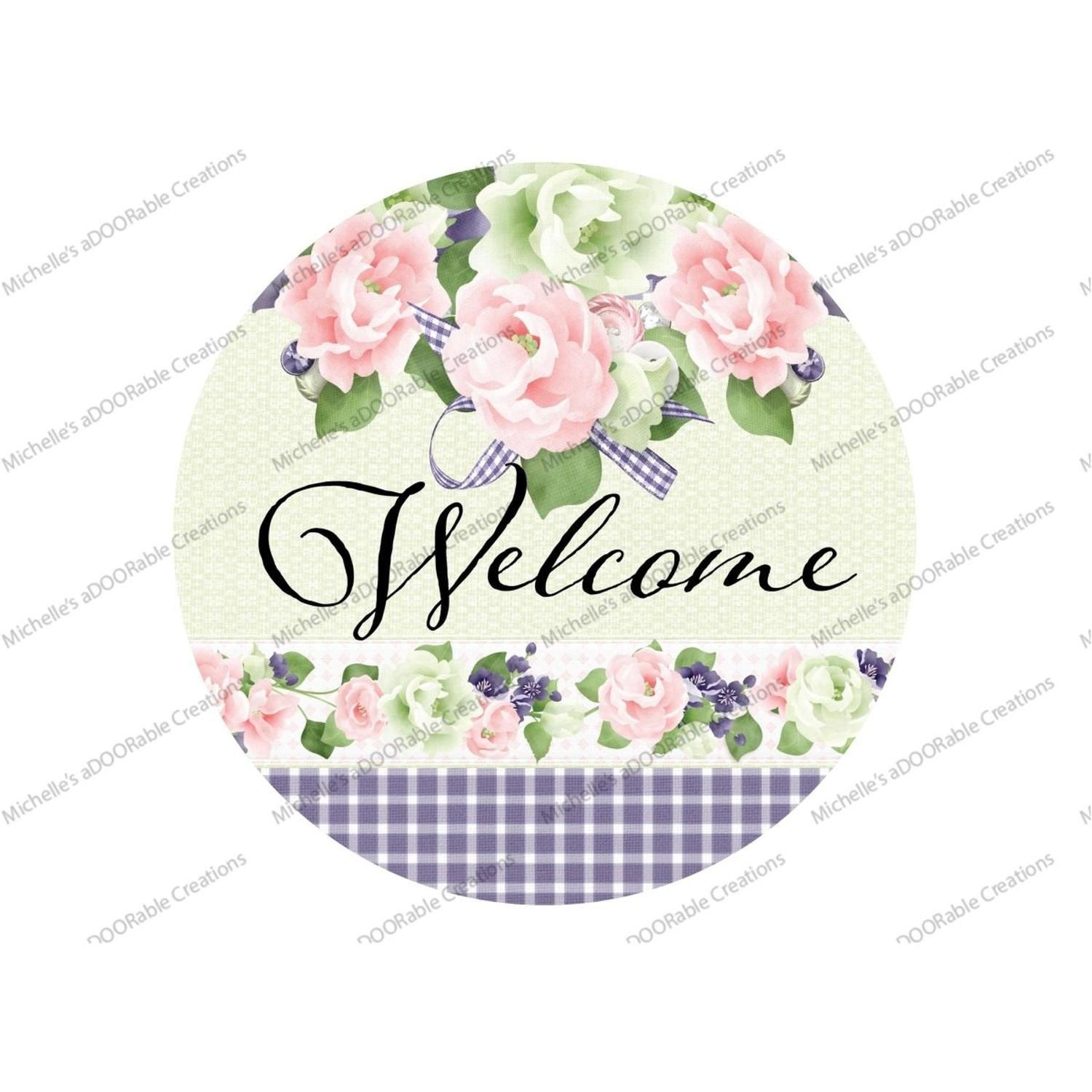 Welcome Purple Gingham Floral Round Sign