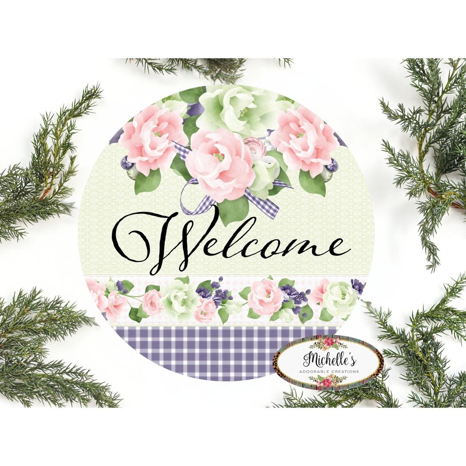 Shop For Welcome Purple Gingham Floral Round Sign