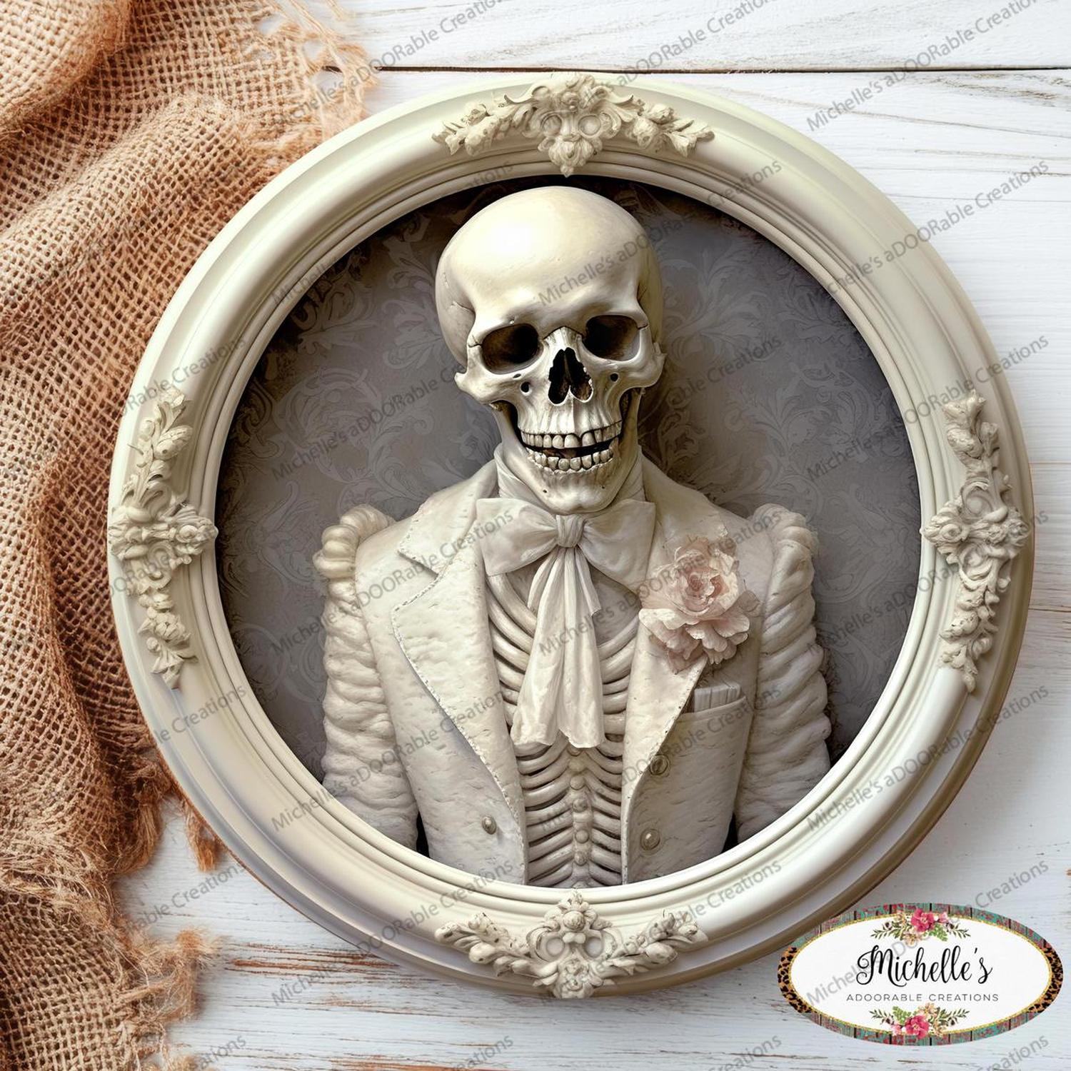 White Skeleton Groom Portrait Sign