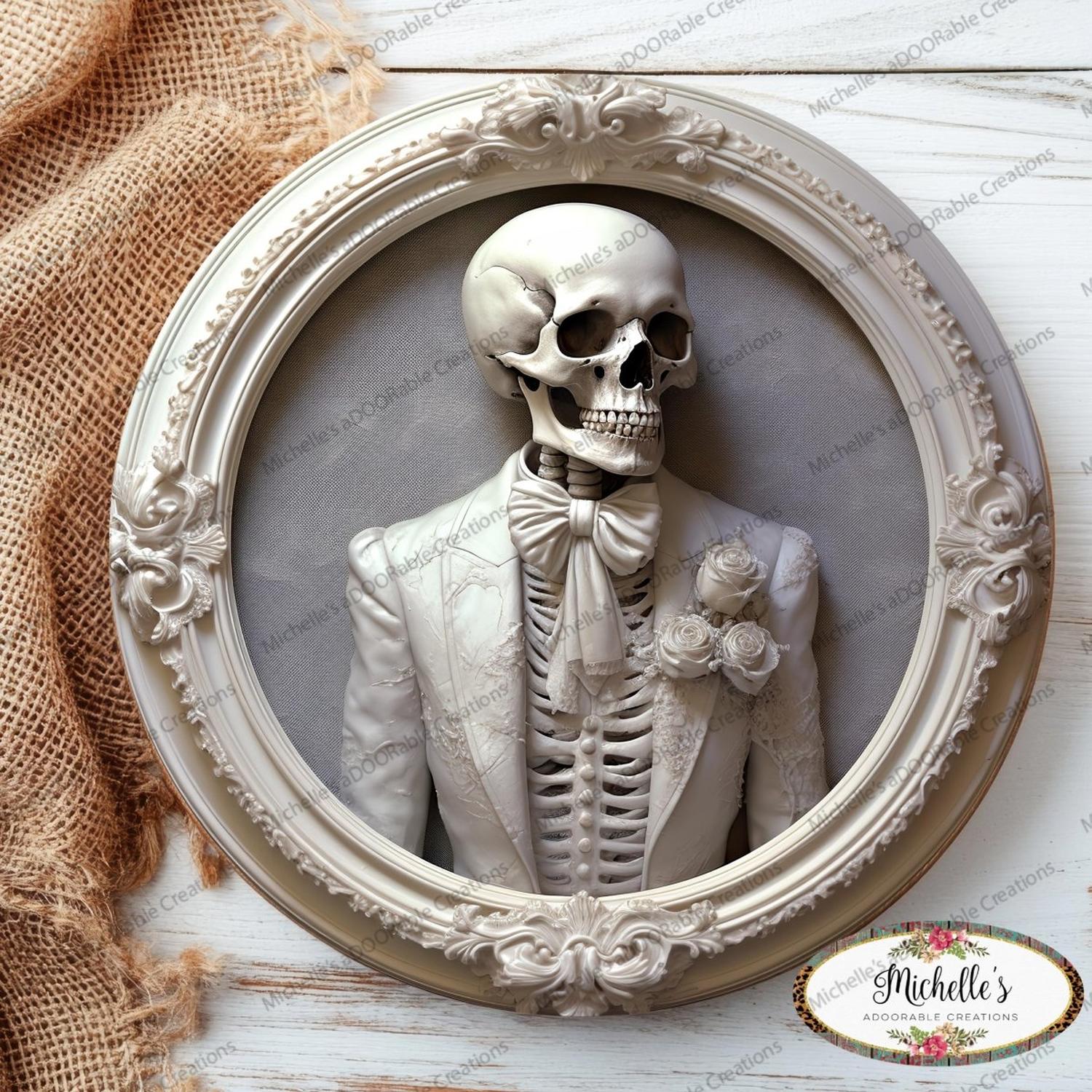 White Suit Skeleton Groom Portrait Sign