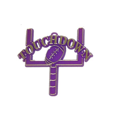 Two-inch purple and gold football goalpost charm with a football icon and Touchdown text for homecoming mum crafts.