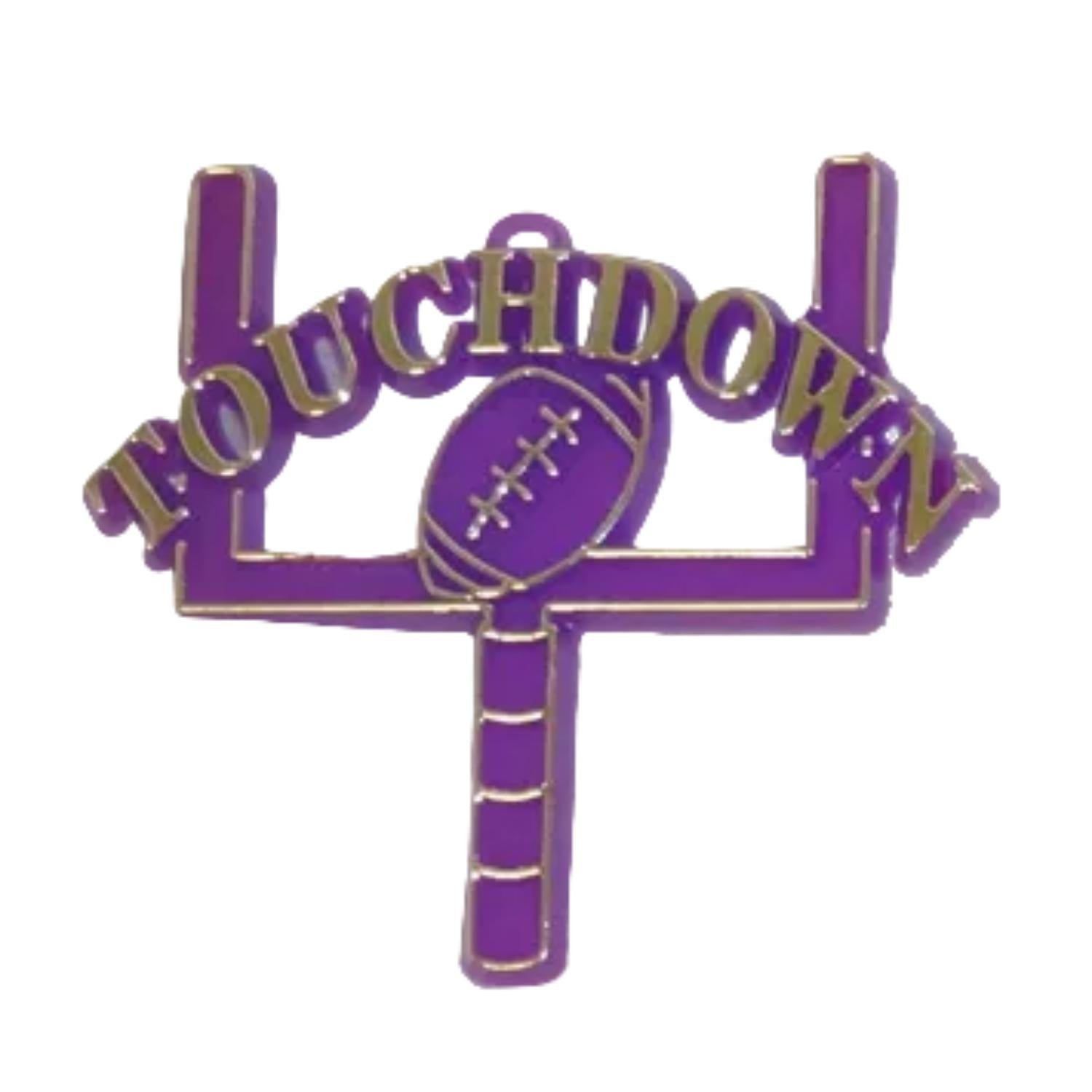 Two-inch purple and gold touchdown charm featuring a football goalpost design, perfect for homecoming mums and crafts.