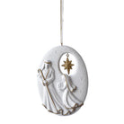 Oval white resin Holy Family ornament with gold accents and a sparkling hanging star, 5 inches tall.