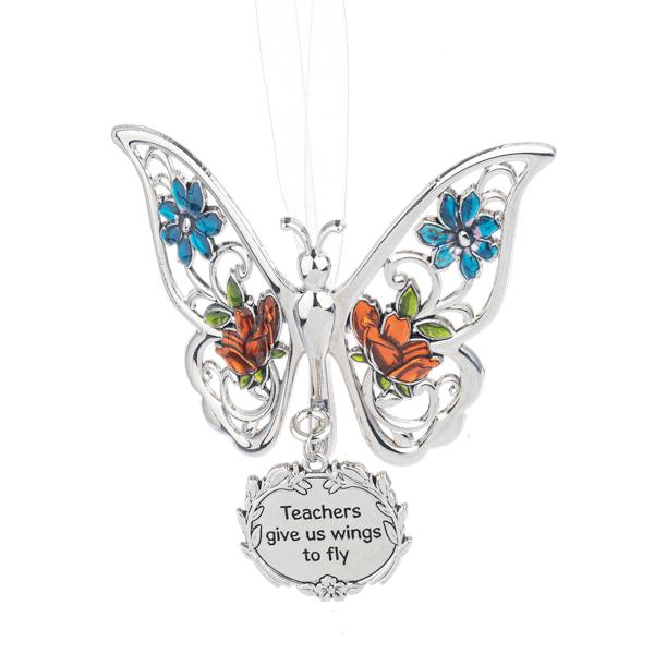 Silver butterfly ornament with blue and orange floral epoxy details and a Teachers Give Us Wings to Fly charm.