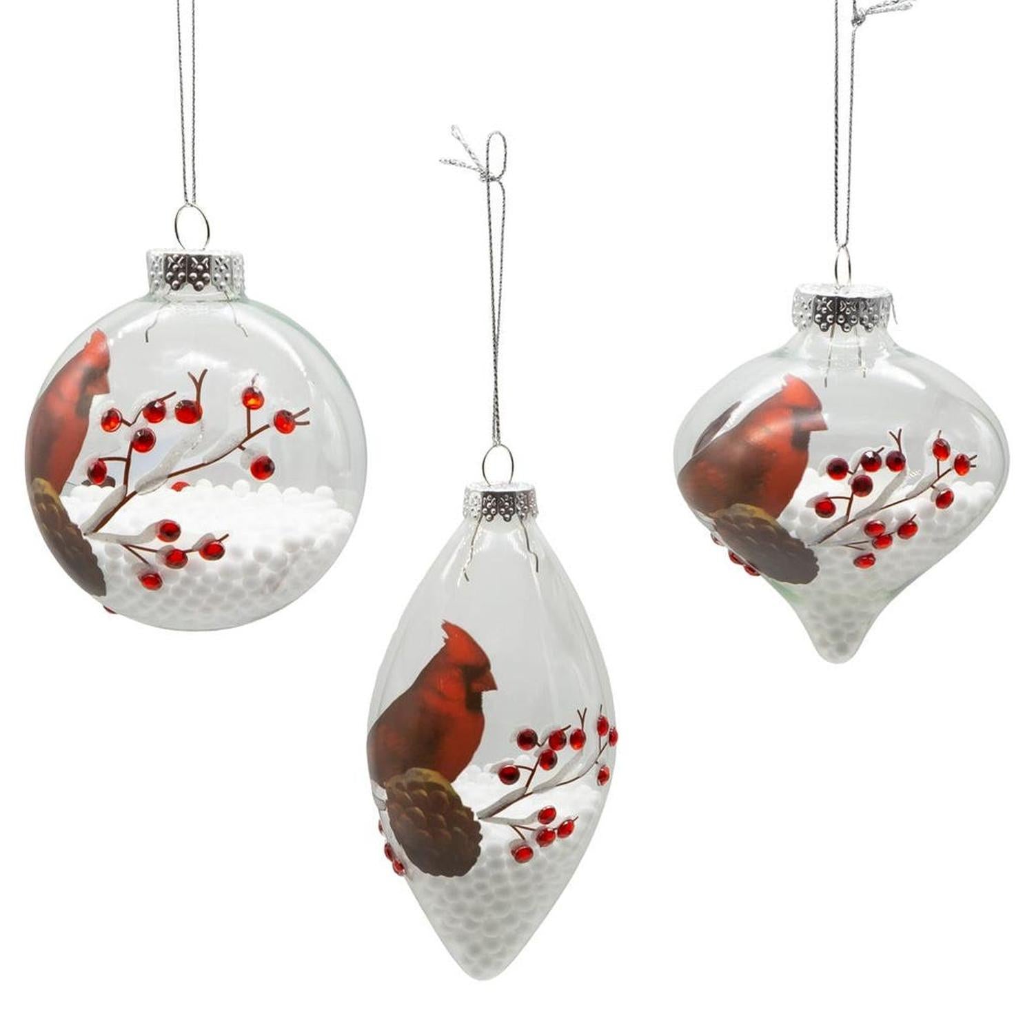 Kurt Adler 80MM Glass Cardinal Ornaments, 3-Piece Set