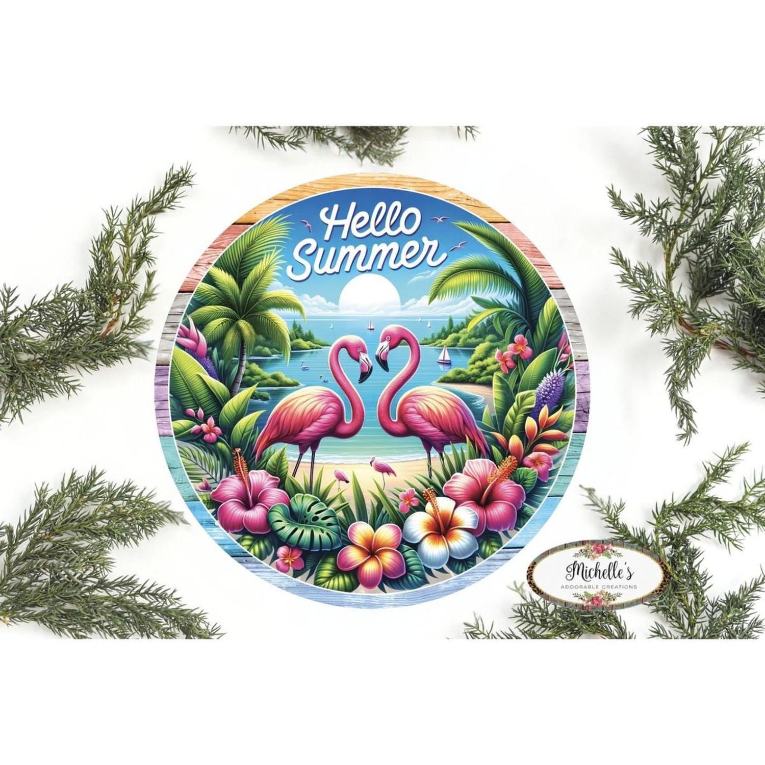 Hello Summer Tropical Flamingo Round Sign