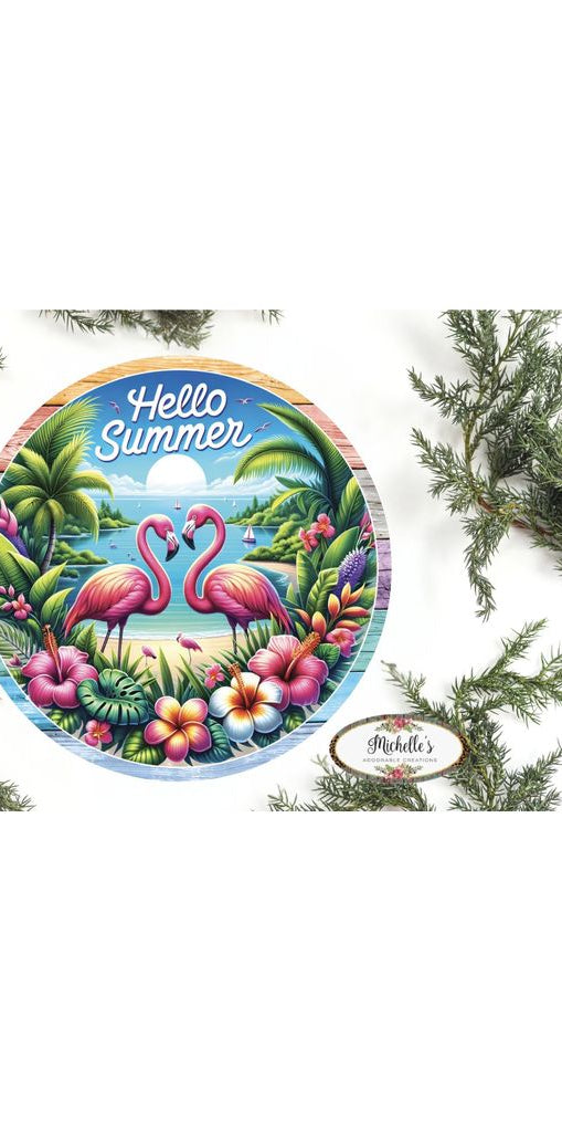 Hello Summer Tropical Flamingo Round Sign - Michelle's aDOORable Creations - Signature Signs