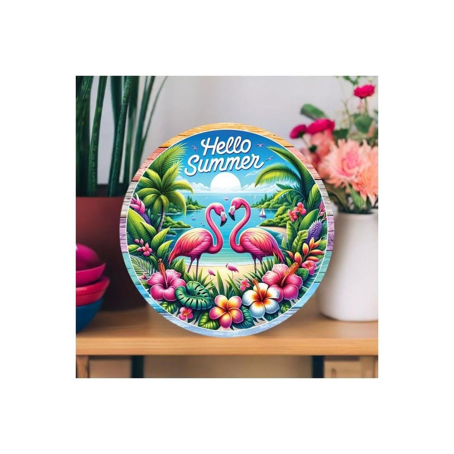 Shop For Hello Summer Tropical Flamingo Round Sign at Michelle's aDOORable Creations