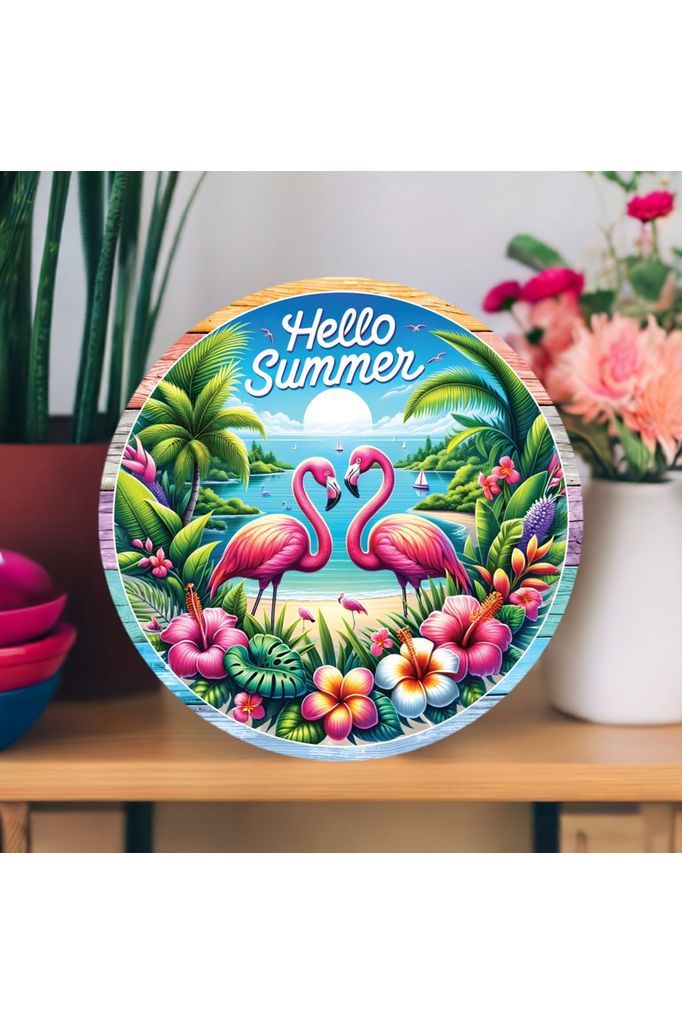 Hello Summer Tropical Flamingo Round Sign - Michelle's aDOORable Creations - Signature Signs