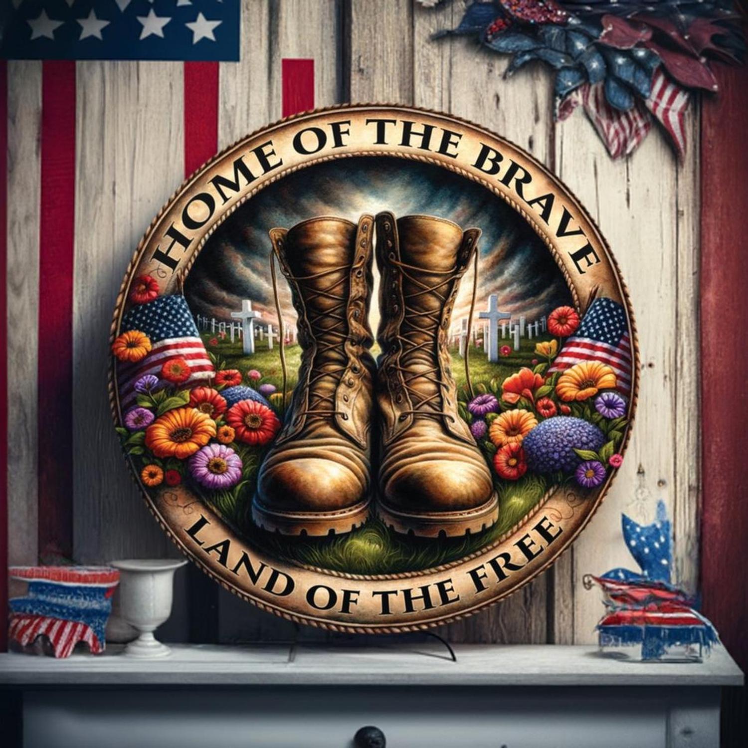 Shop For Home of The Brave Land Of Free Military Boots Sign at Michelle's aDOORable Creations