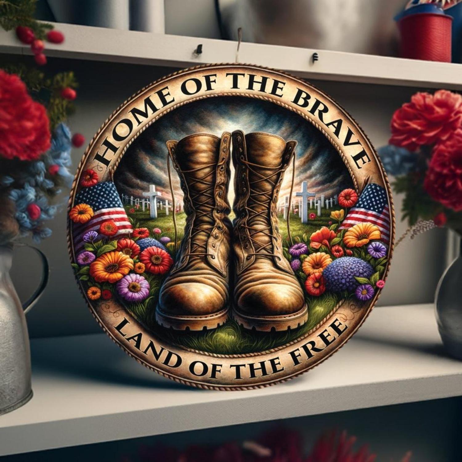 Shop For Home of The Brave Land Of Free Military Boots Sign at Michelle's aDOORable Creations