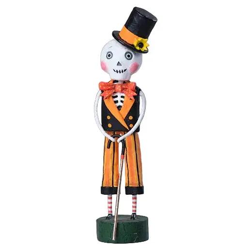 Lori Mitchell 8-inch Day of the Dead skeleton figurine wearing a top hat, orange striped pants, and a bow tie.