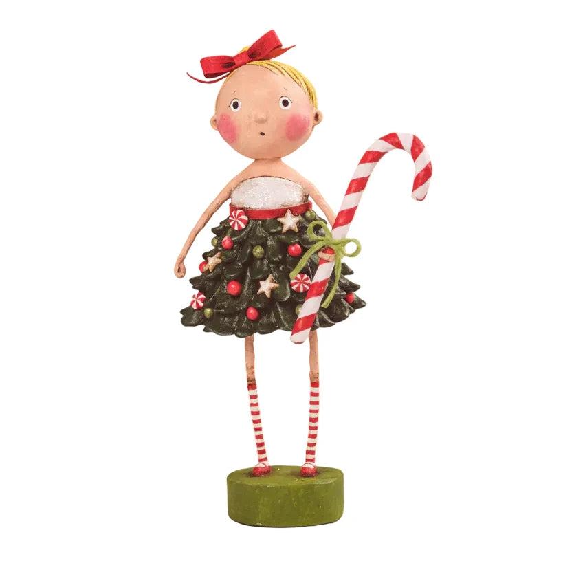 Lori Mitchell 6.5-inch poly resin Christmas figurine of a girl in a tree dress holding a candy cane.