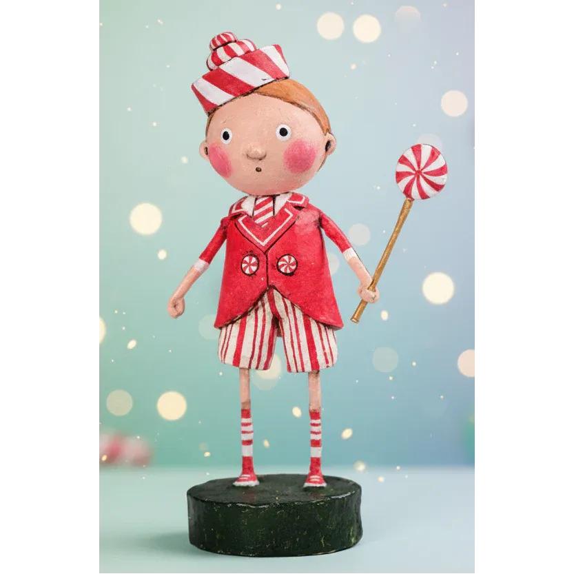 Lori Mitchell Peppermint Pete 6.5-inch resin figurine in a red and white candy cane outfit holding a lollipop.